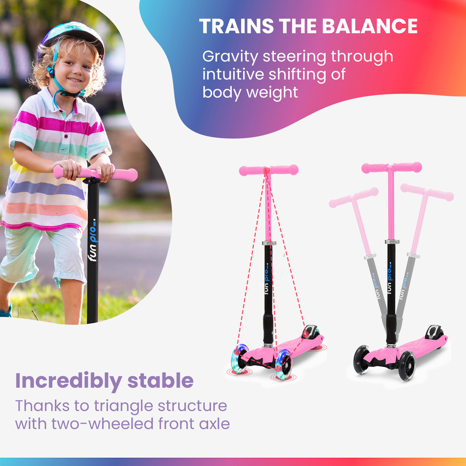 TWO Gyermek roller, 5 évtől, LED kerekek, 80 kg, összecsukható, állítható magasságú Candy rózsaszín