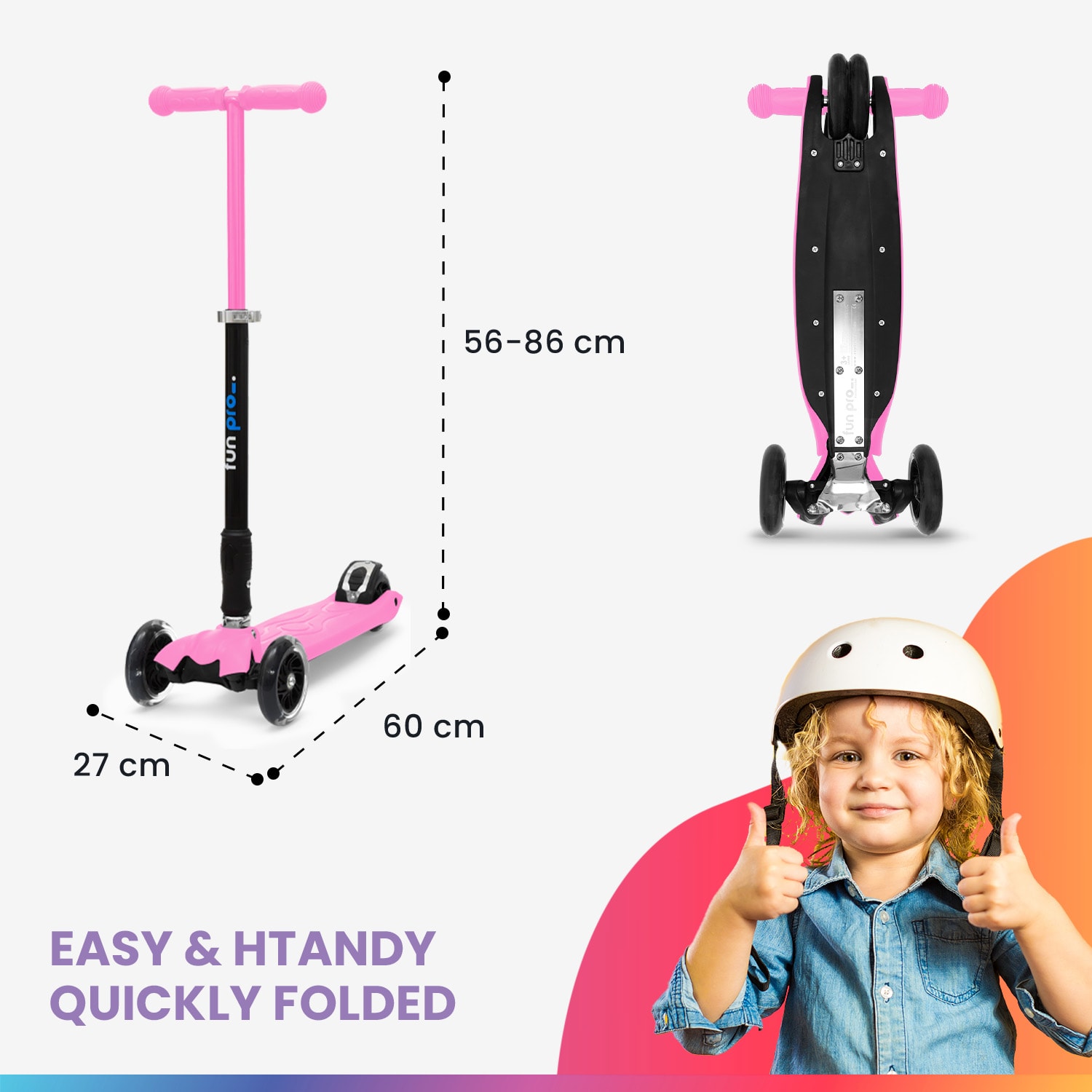 TWO Gyermek roller, 5 évtől, LED kerekek, 80 kg, összecsukható, állítható magasságú Candy rózsaszín