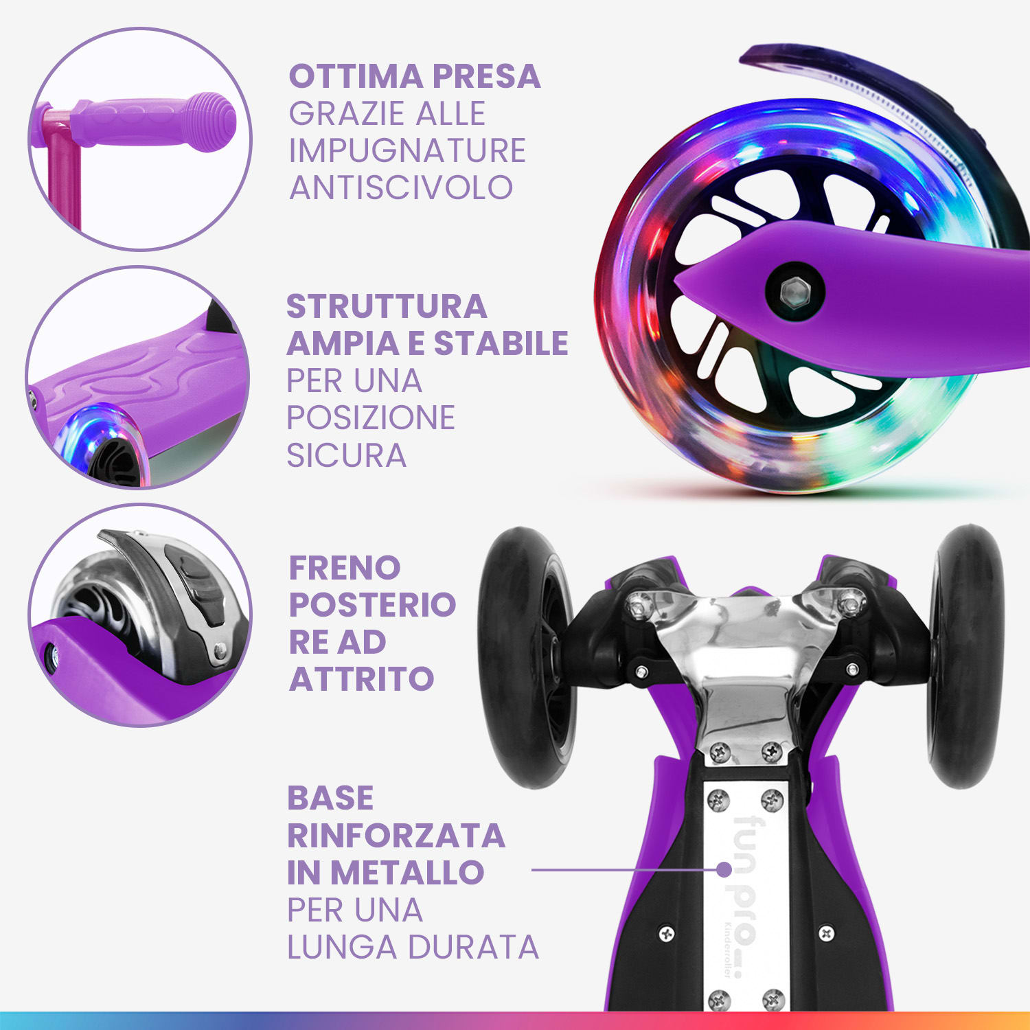 TWO monopattino bambino, dai 5 anni, ruote a LED, fino a 80 kg, pieghevole, regolabile in altezza 