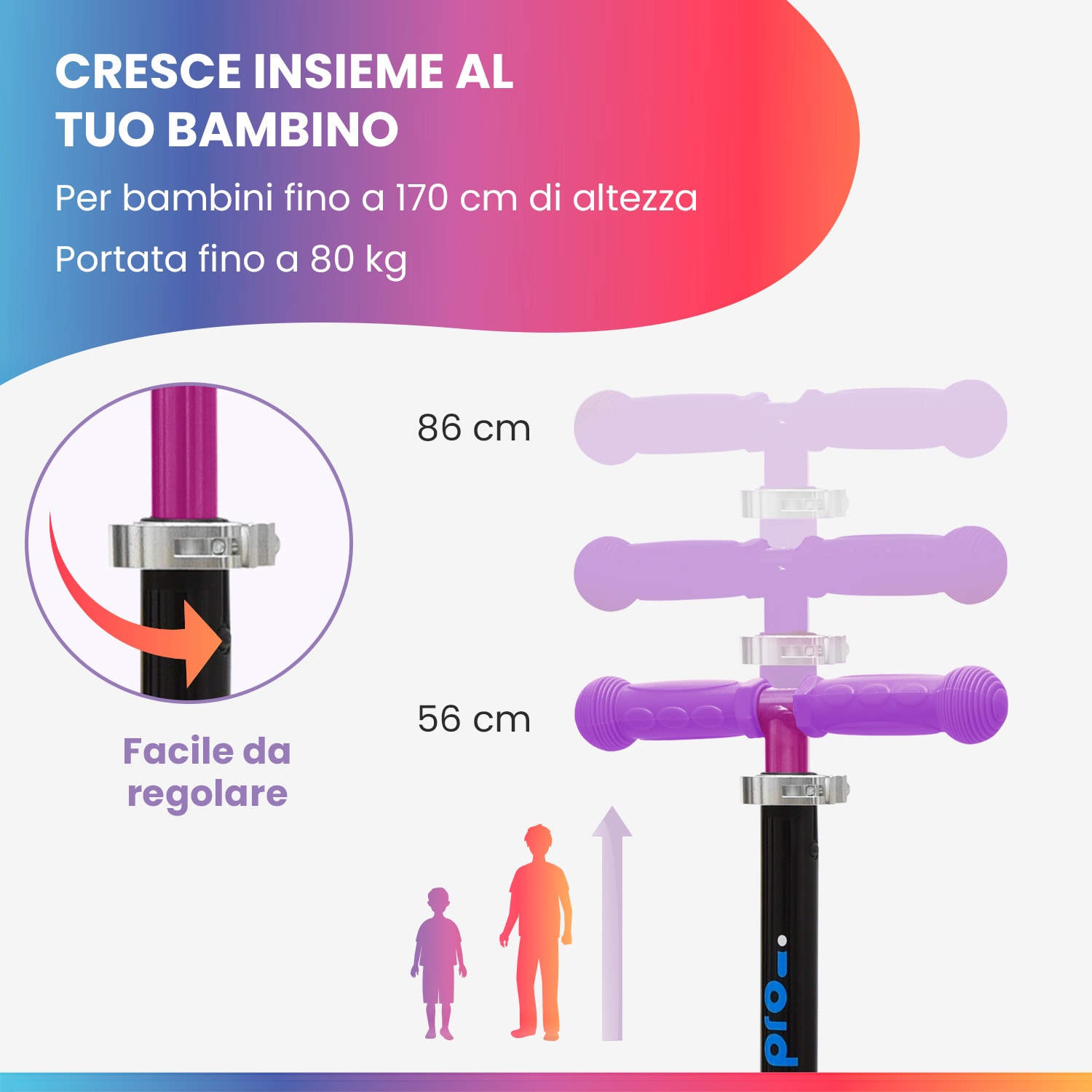 TWO monopattino bambino, dai 5 anni, ruote a LED, fino a 80 kg, pieghevole, regolabile in altezza 