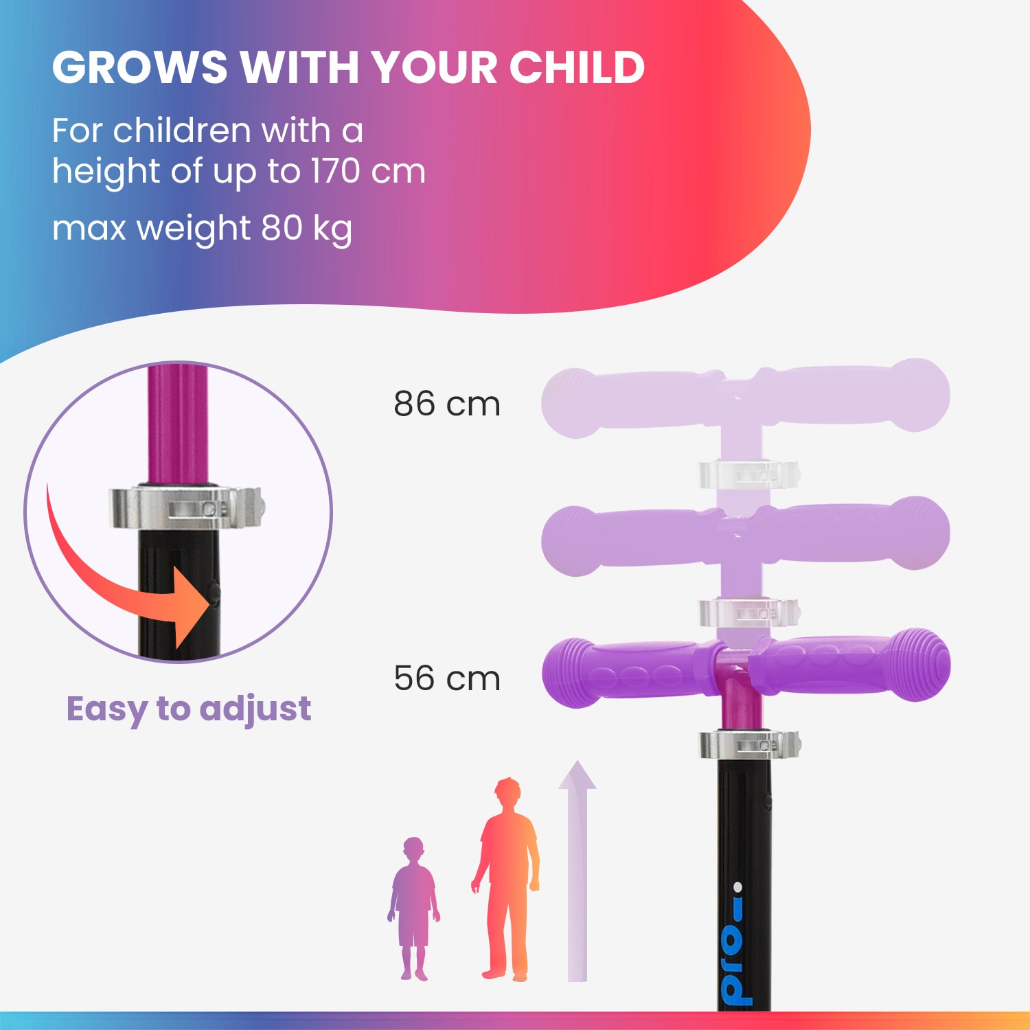 TWO Trotinetă pentru copii, de la 5 ani, roți LED, 80 kg, pliabilă, înălțime reglabilă Violet deschis