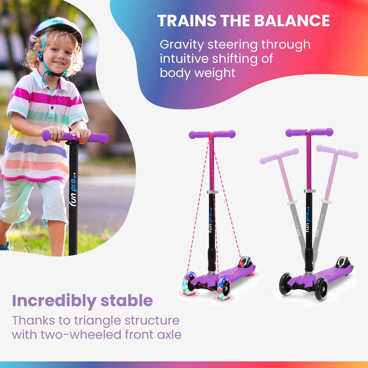 TWO Trotinetă pentru copii, de la 5 ani, roți LED, 80 kg, pliabilă, înălțime reglabilă Violet deschis