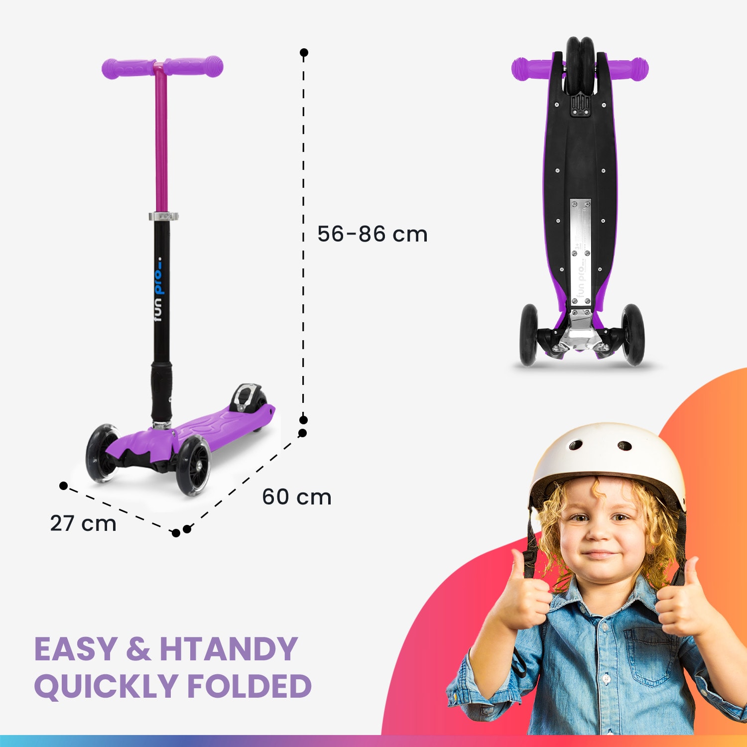 TWO Trotinetă pentru copii, de la 5 ani, roți LED, 80 kg, pliabilă, înălțime reglabilă Violet deschis