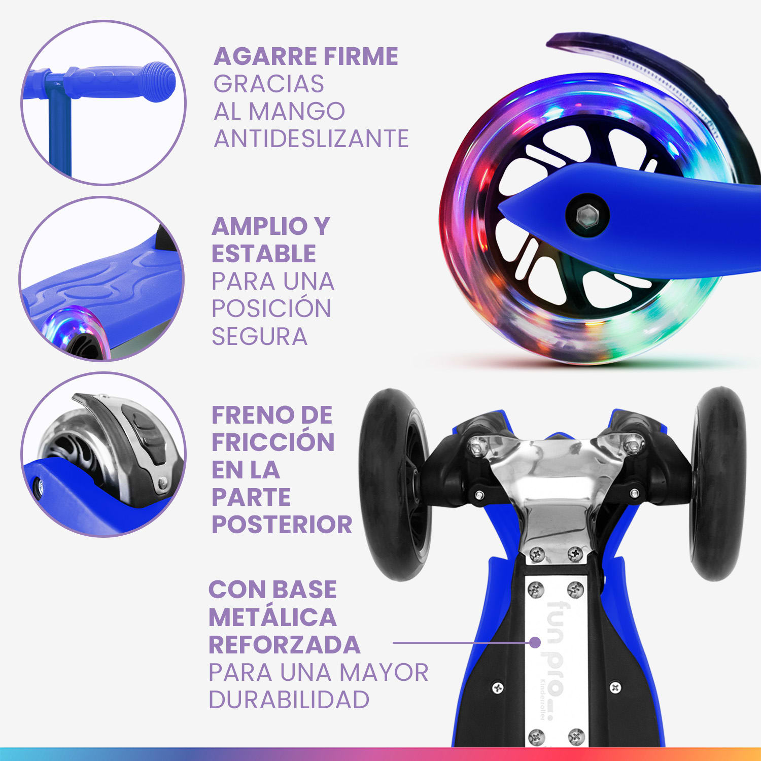 TWO Patinete para niños A partir de 5 años Ruedas led Hasta 80 kg Plegable Altura regulable Azul Deportes