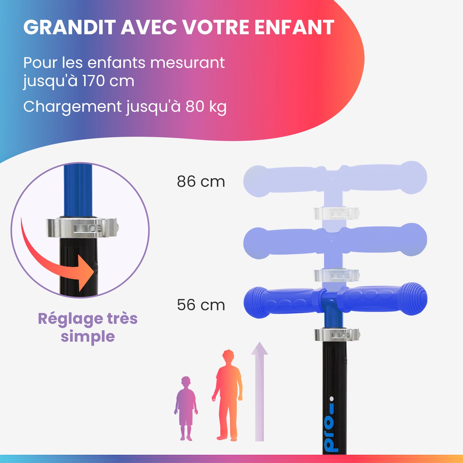 TWO Trottinette enfants à partir de 5 ans roues LED jusqu'à 80 kg pliable réglable en hauteur 