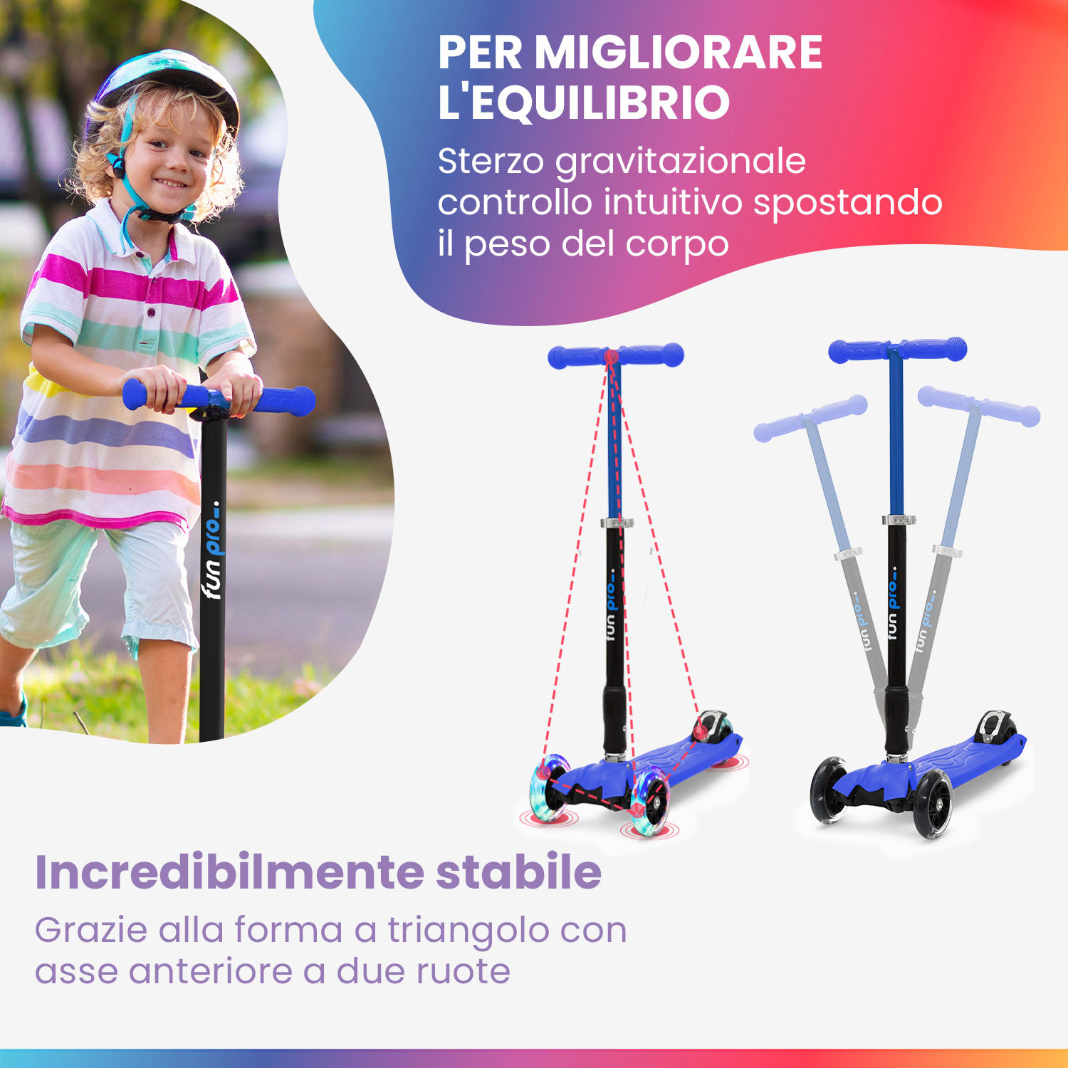 TWO monopattino bambino, dai 5 anni, ruote a LED, fino a 80 kg, pieghevole, regolabile in altezza 