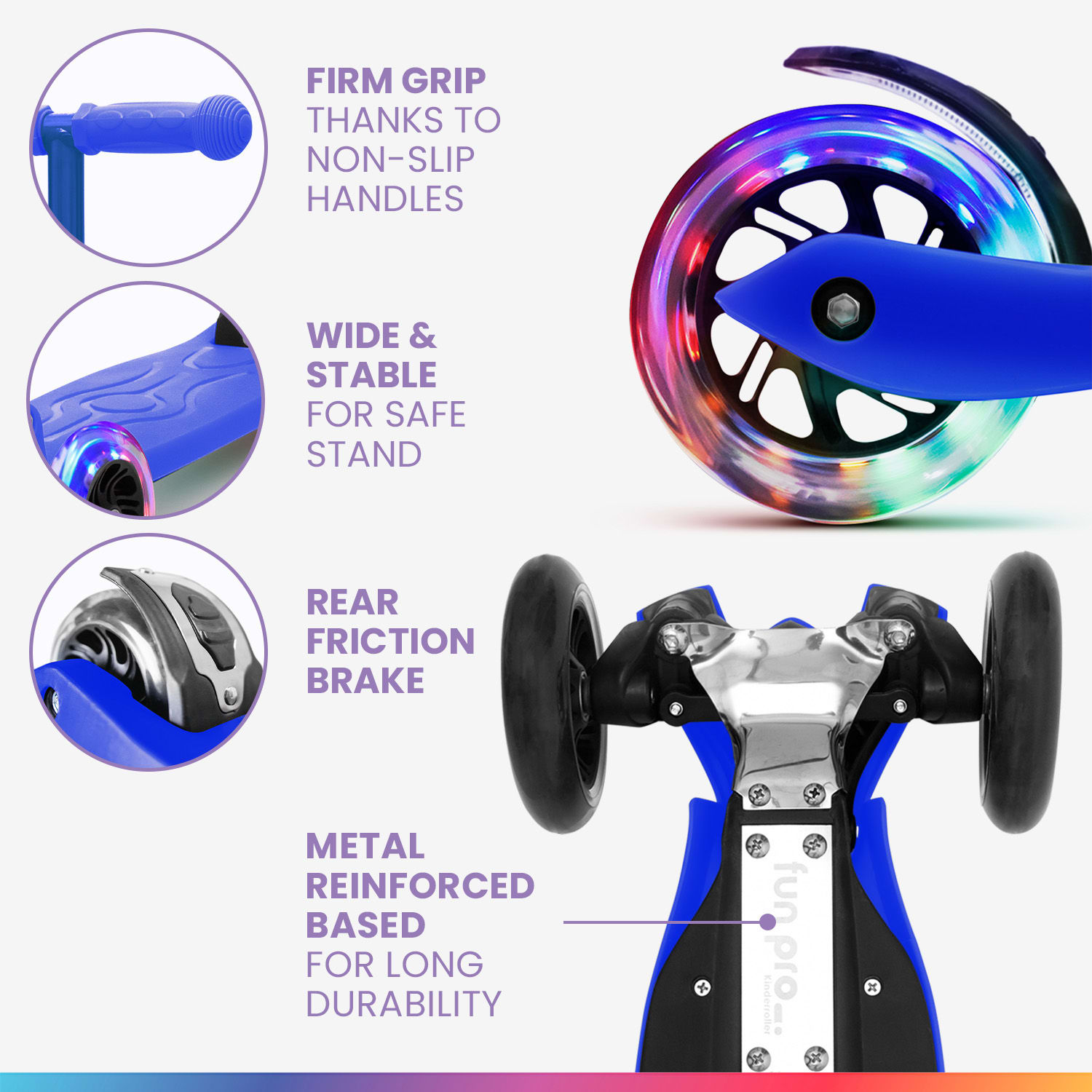 TWO Gyermek roller, 5 évtől, LED kerekek, 80 kg, összecsukható, állítható magasságú Sport kék