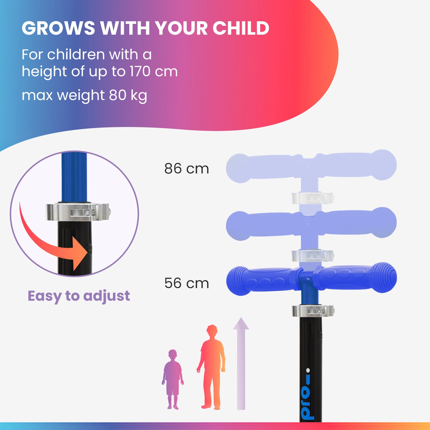 TWO Gyermek roller, 5 évtől, LED kerekek, 80 kg, összecsukható, állítható magasságú Sport kék