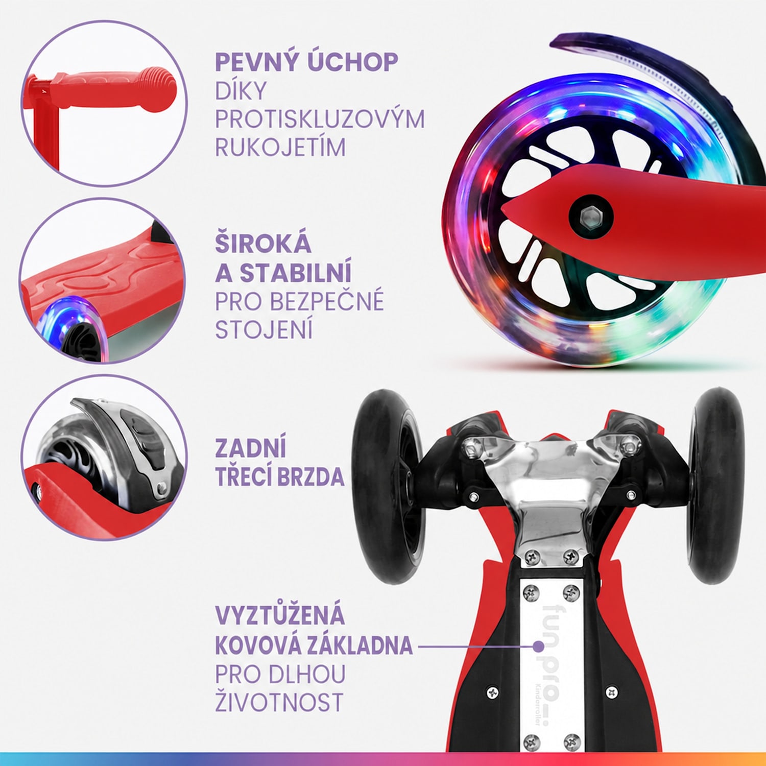 TWO Dětská koloběžka, od 5 let, LED kolečka, 80 kg, skládací, výškově nastavitelná Červená