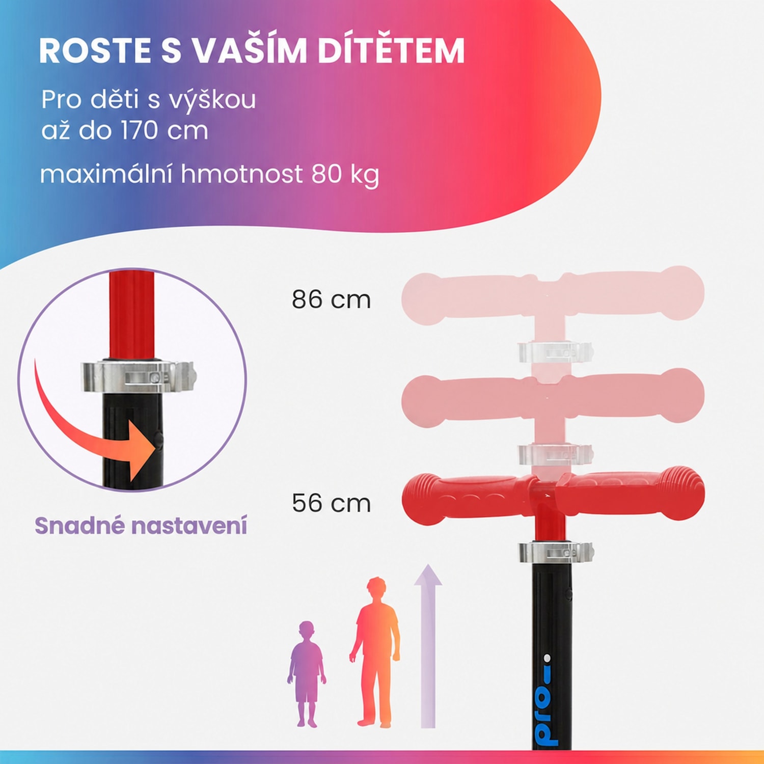 TWO Dětská koloběžka, od 5 let, LED kolečka, 80 kg, skládací, výškově nastavitelná Červená
