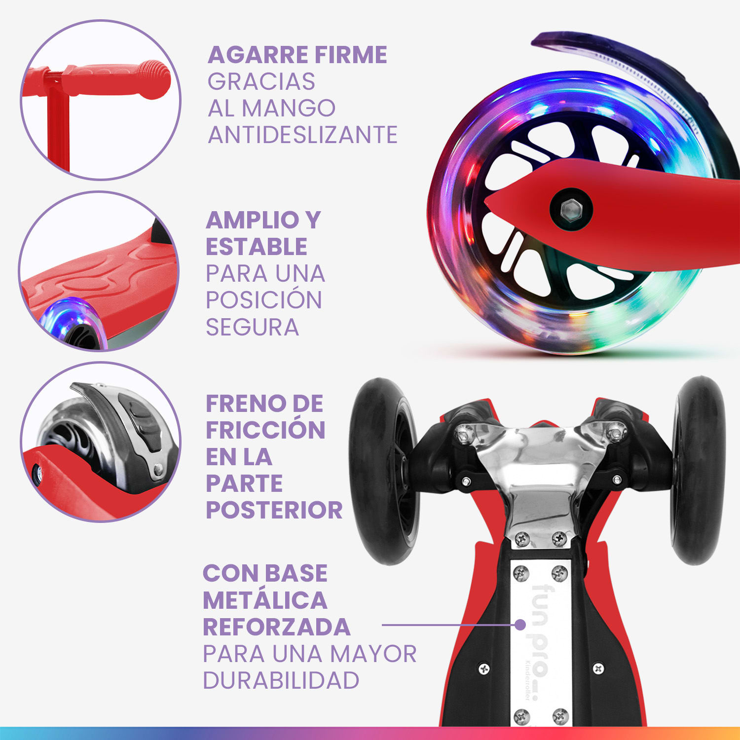 TWO Patinete para niños A partir de 5 años Ruedas led Hasta 80 kg Plegable Altura regulable Rojo