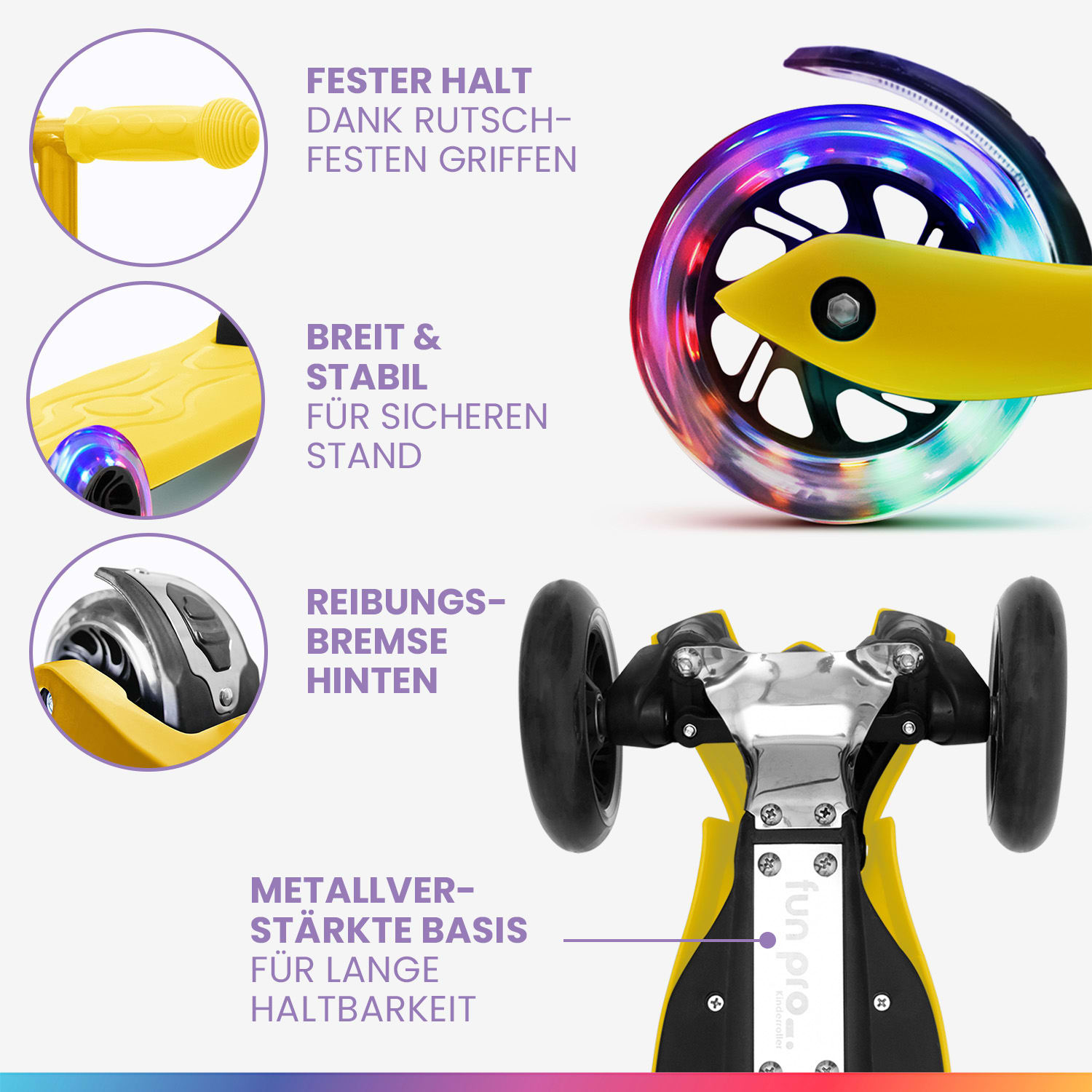 TWO Kinderroller ab 5 Jahre LED-Räder bis 80 kg faltbar Gelb