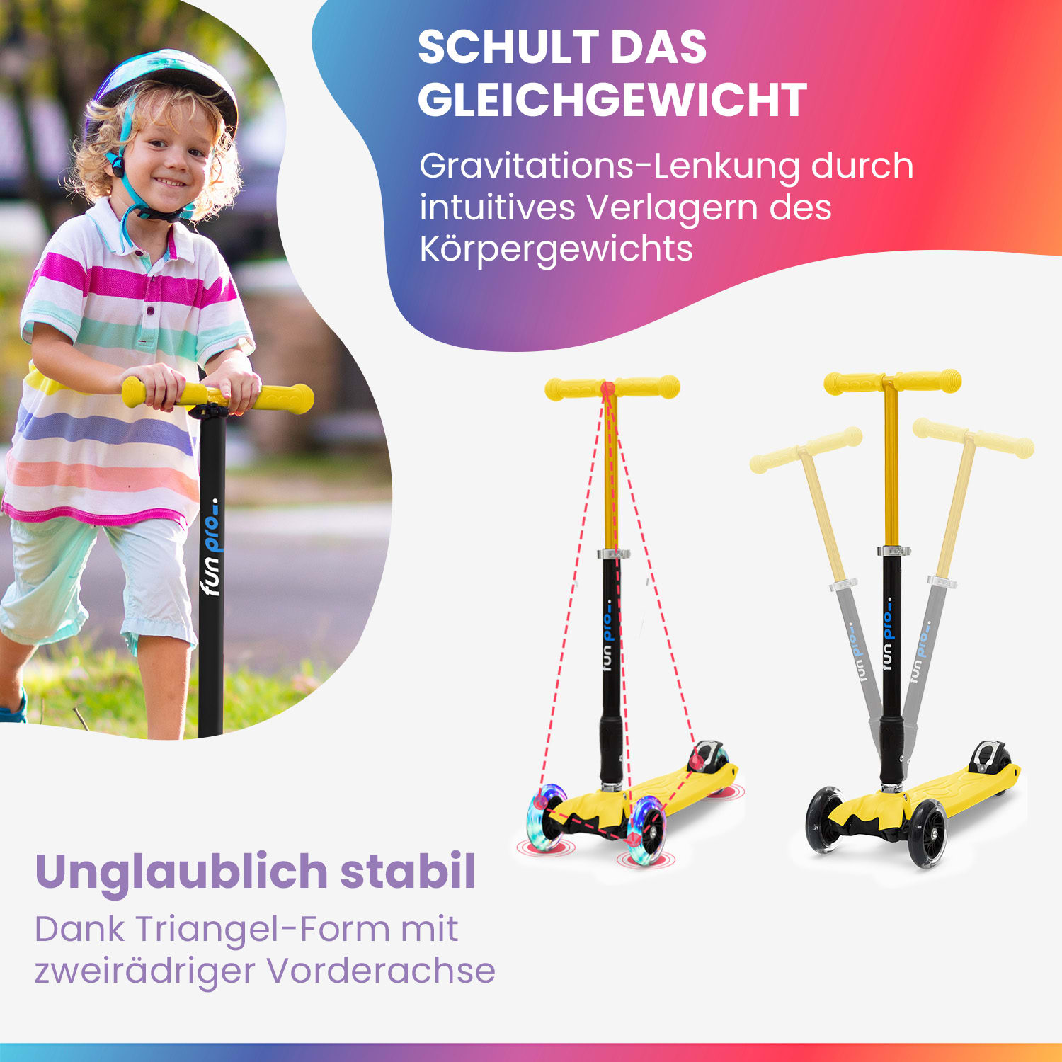 TWO Kinderroller ab 5 Jahre LED-Räder bis 80 kg faltbar Gelb