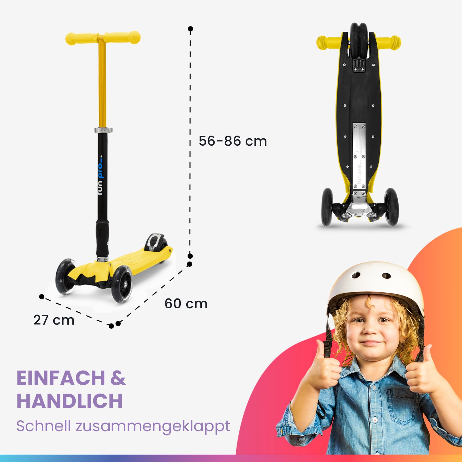 TWO Kinderroller ab 5 Jahre LED-Räder bis 80 kg faltbar Gelb