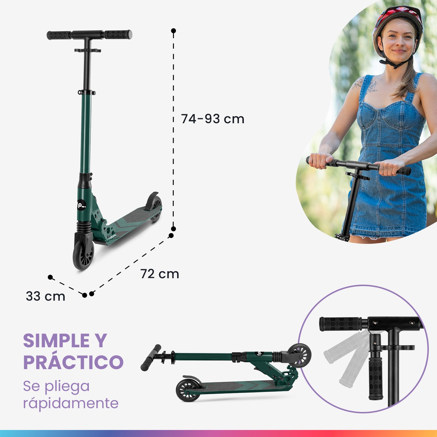 THREE Patinete para niños a partir de 6 años Rodamientos de bolas ABEC 9 Plegables Regulable en altura 