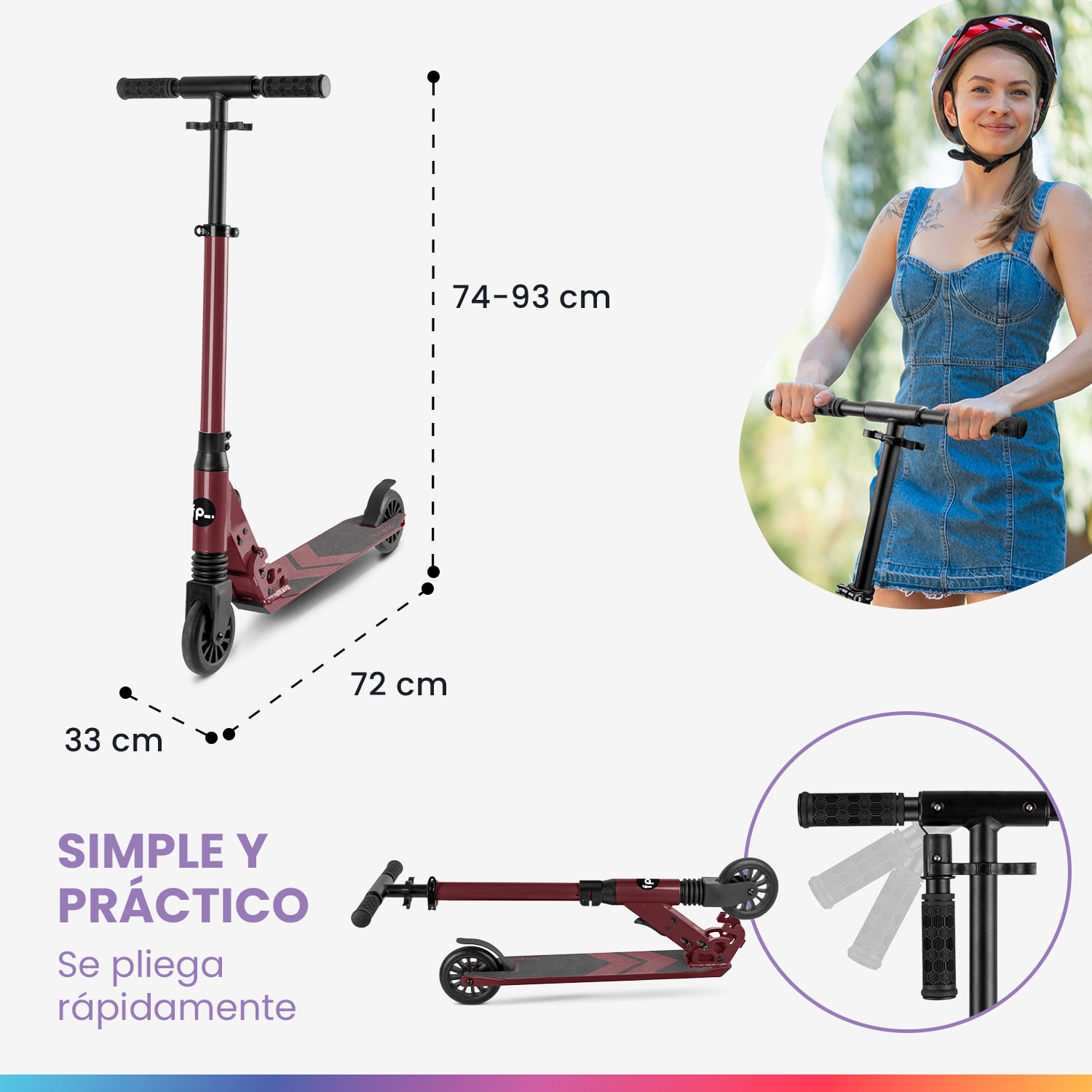 THREE Patinete para niños a partir de 6 años Rodamientos de bolas ABEC 9 Plegables Regulable en altura Normal | Vino