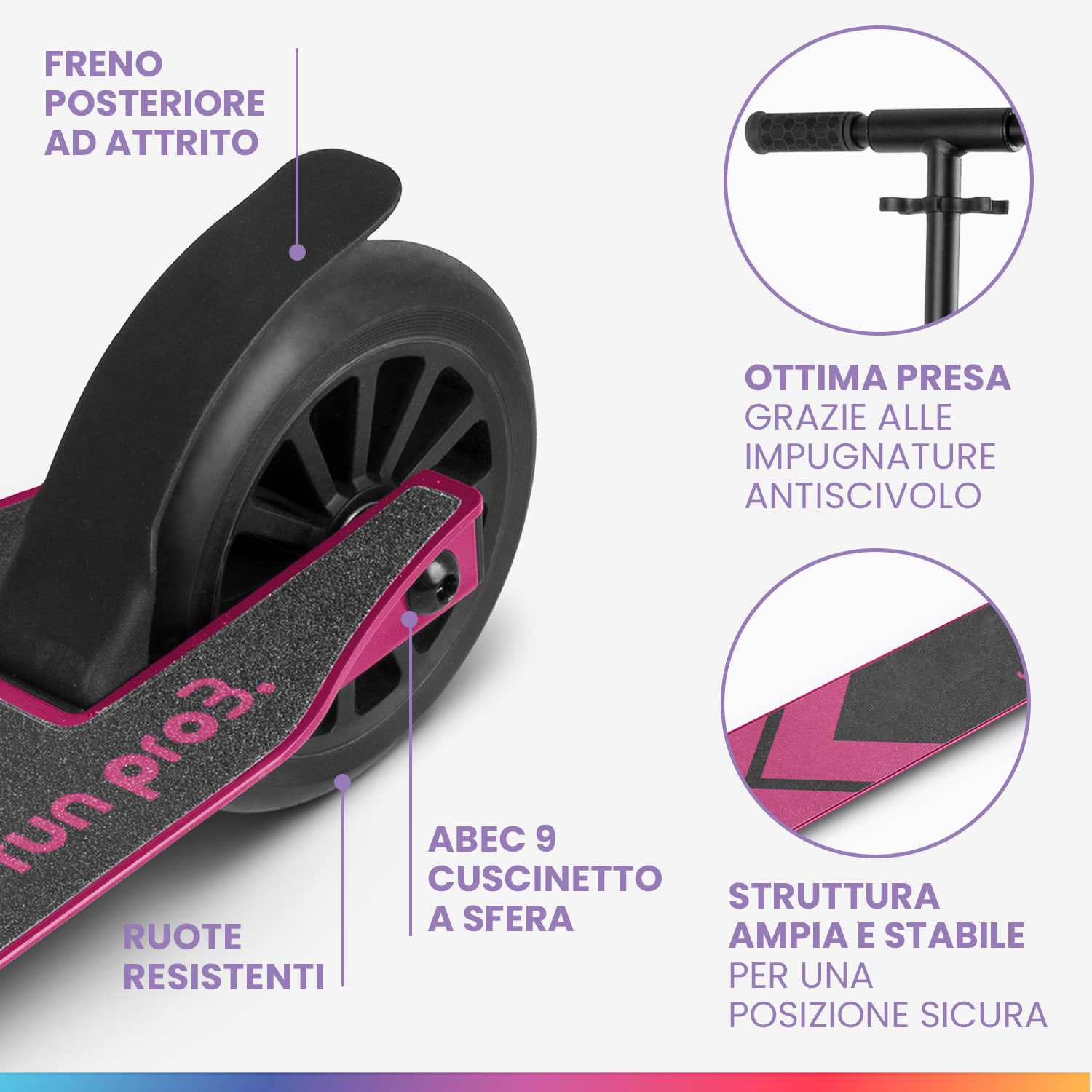 THREE monopattino bambino, a partire da 6 anni, cuscinetti a sfera ABEC 9, pieghevole, altezza regolabile Normale | Fucsia