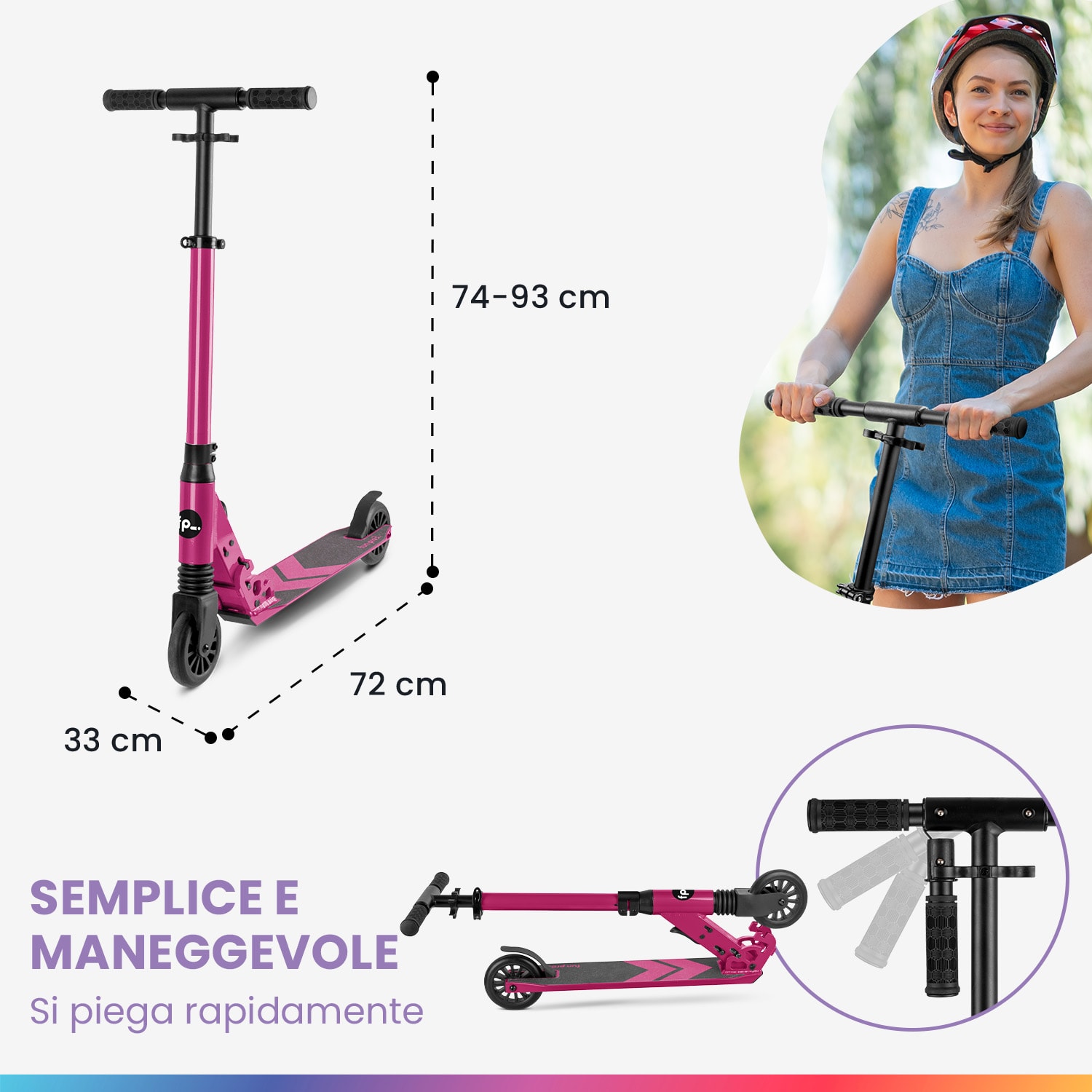 THREE monopattino bambino, a partire da 6 anni, cuscinetti a sfera ABEC 9, pieghevole, altezza regolabile Normale | Fucsia