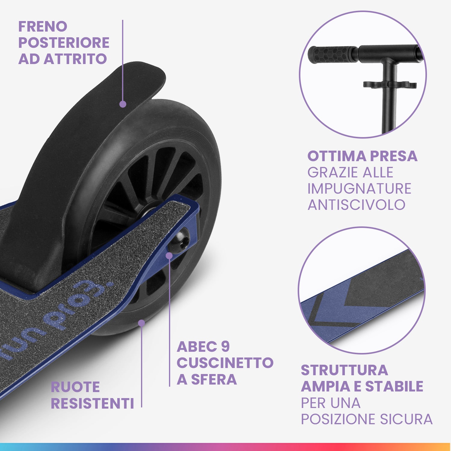 THREE Deluxe monopattino bambino, a partire da 6 anni, cuscinetti a sfera ABEC 9, pieghevole, altezza regolabile 