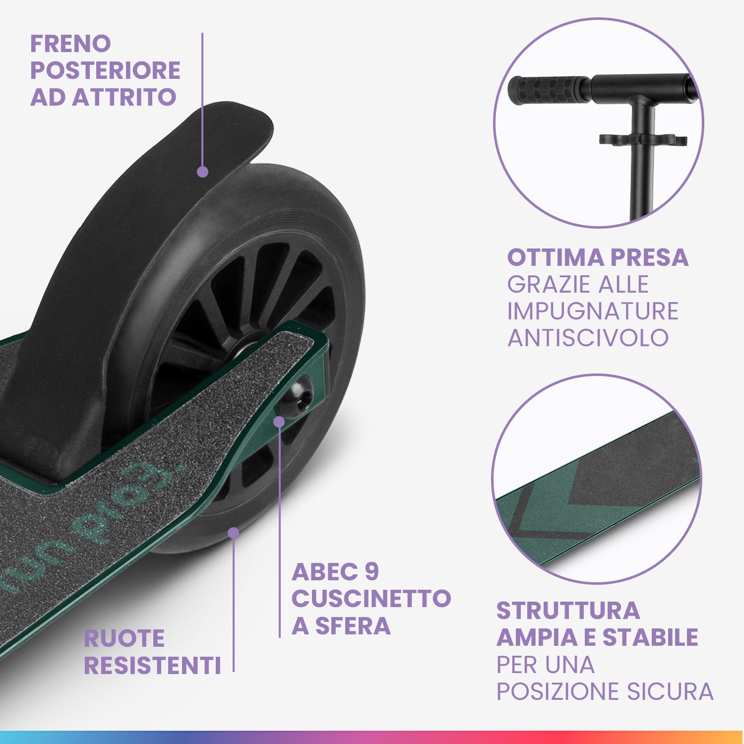 THREE Deluxe monopattino bambino, a partire da 6 anni, cuscinetti a sfera ABEC 9, pieghevole, altezza regolabile 