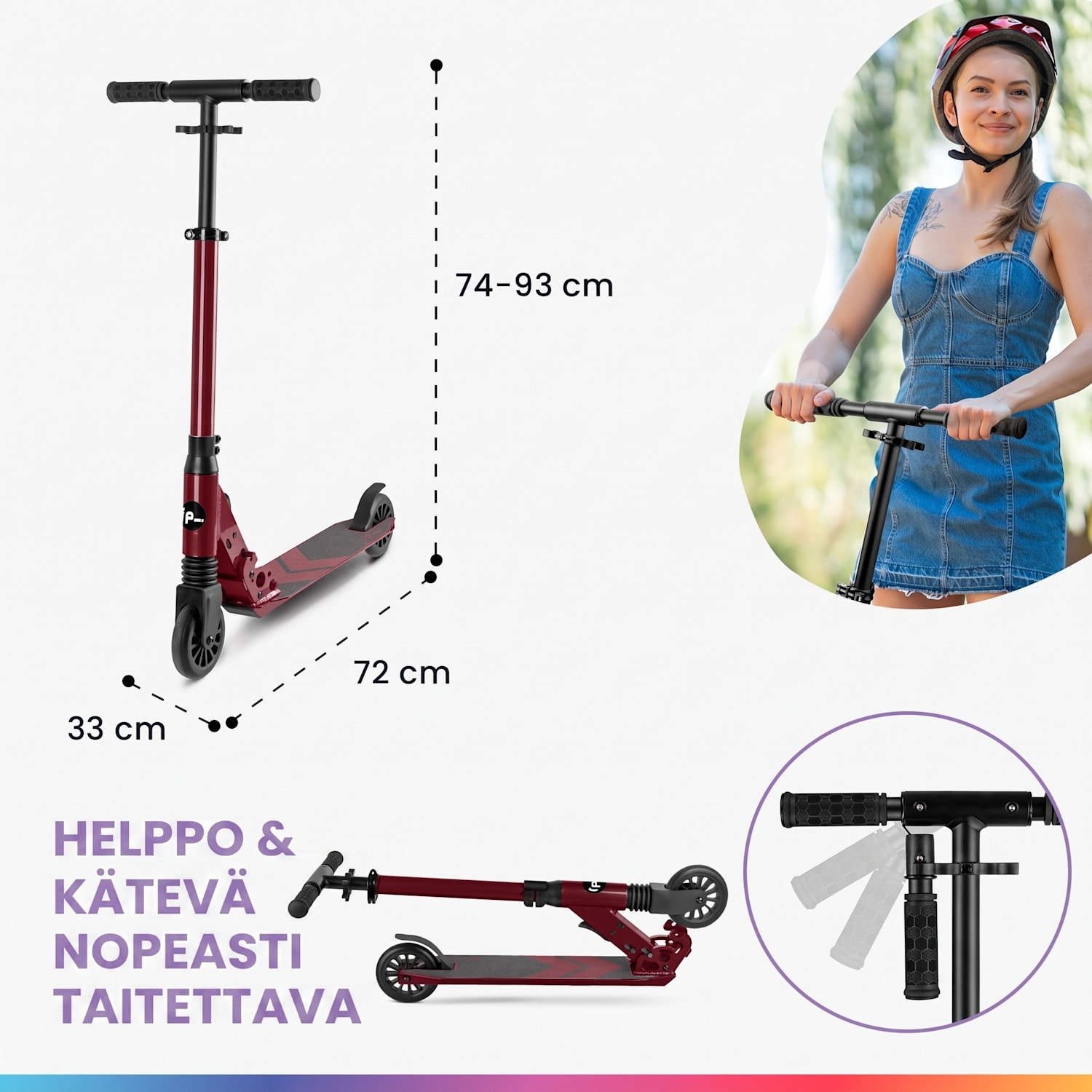 THREE Deluxe -potkulauta lapselle 6-vuotiaille ja sitä vanhemmille ABEC 9 -kuulalaakerit kokoontaitettava korkeussäädettävä Deluxe | Viini