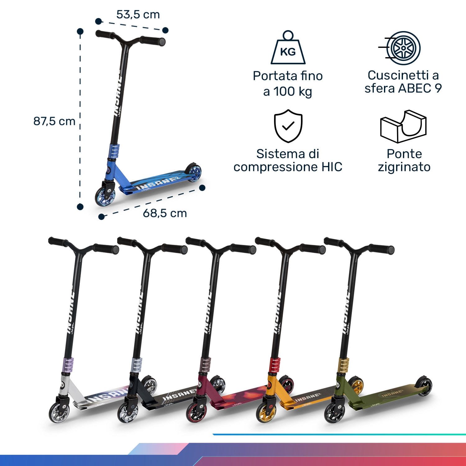 Insane² monopattino Stunt, superficie grip tape, 100 kg, cuscinetti a sfera ABEC 9, HIC 