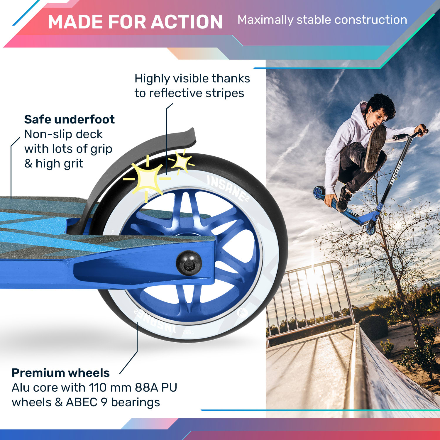Insane² Stuntroller, kaszkadőr roller, priptape felület, 100 kg-ig, ABEC 9 HIC csapágyak 