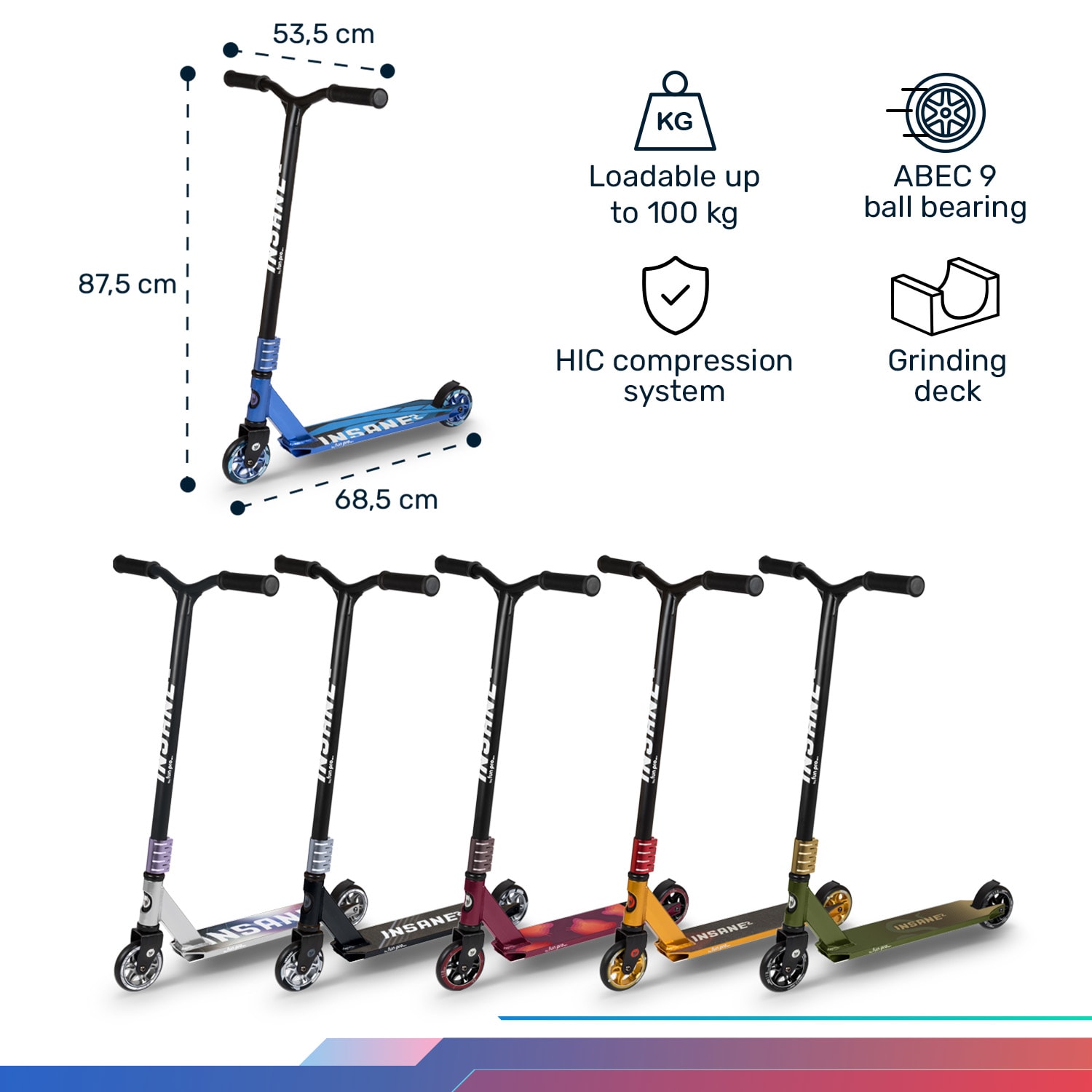 Insane² Stuntroller, kaszkadőr roller, priptape felület, 100 kg-ig, ABEC 9 HIC csapágyak 