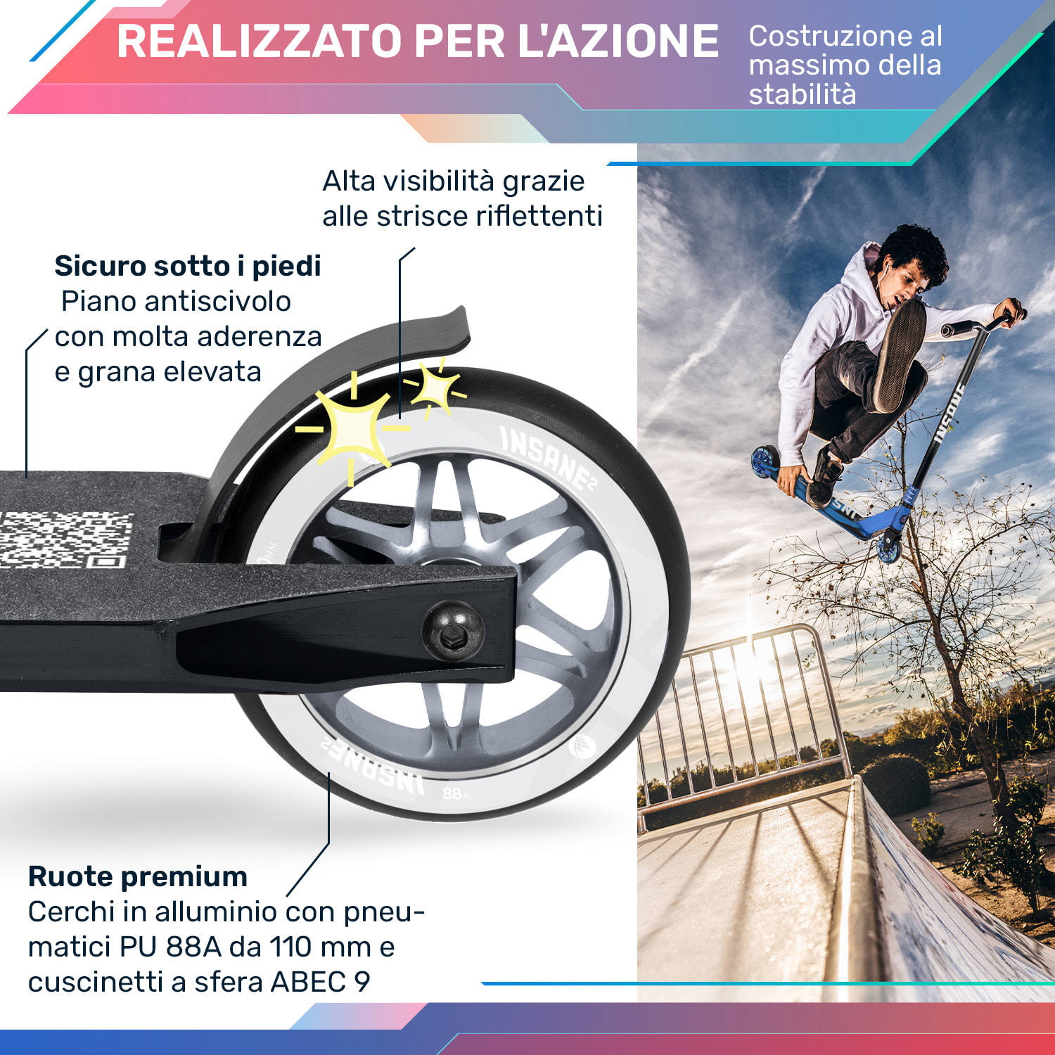 Insane² monopattino Stunt, superficie grip tape, 100 kg, cuscinetti a sfera ABEC 9, HIC 