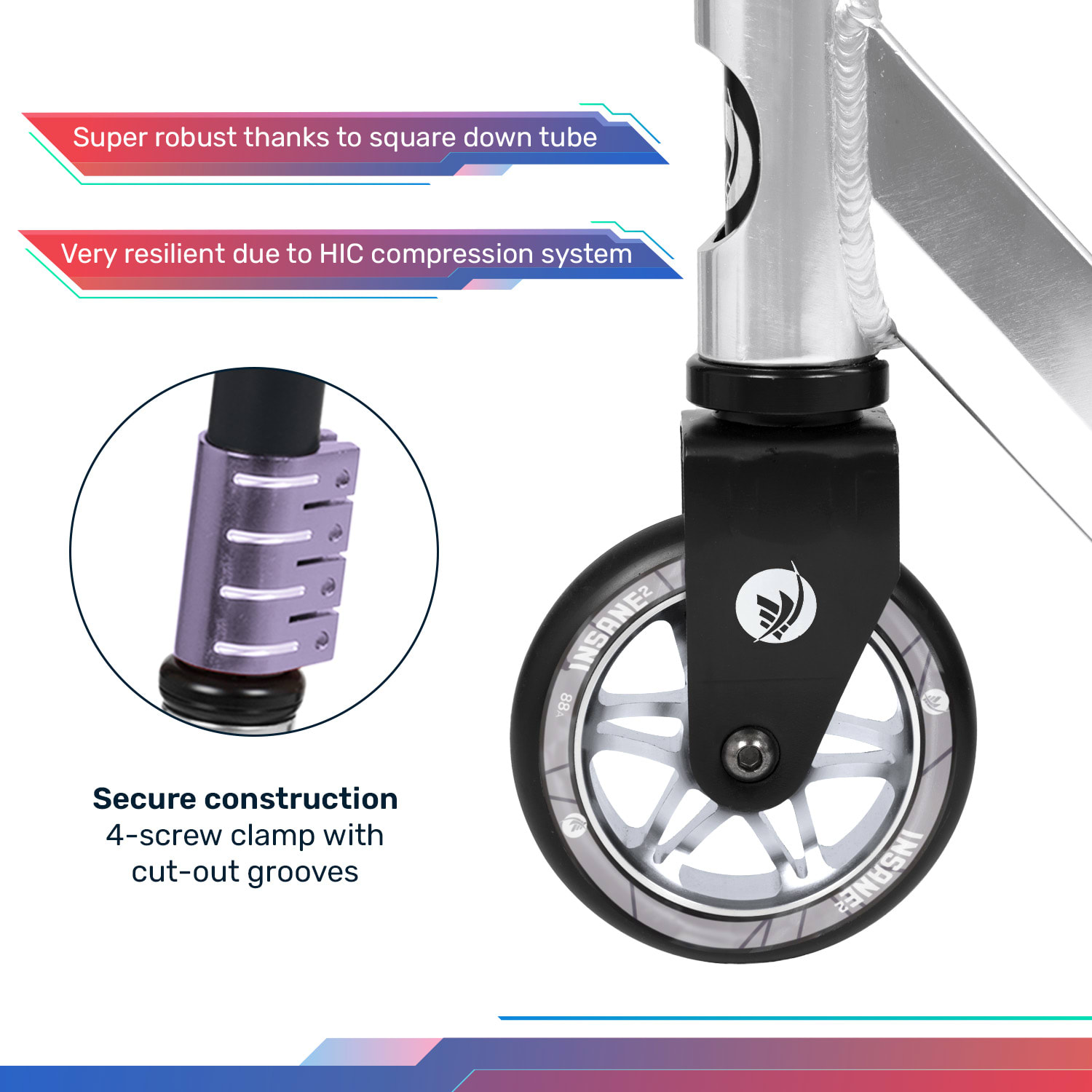 Insane², Stuntroller, Griptape povrch, 100 kg, Guľôčkové ložiská, ABEC 9 HIC Strieborná metalíza