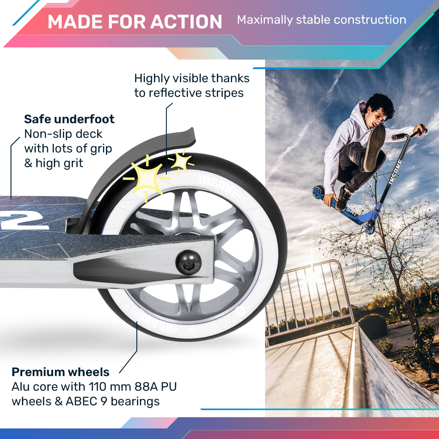 Insane², Stuntroller, Griptape povrch, 100 kg, Guľôčkové ložiská, ABEC 9 HIC Strieborná metalíza