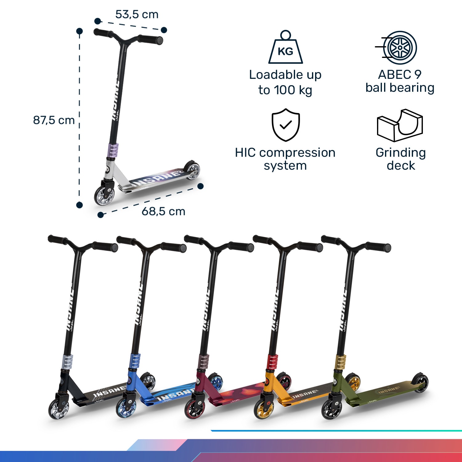 Insane², Stuntroller, Griptape povrch, 100 kg, Guľôčkové ložiská, ABEC 9 HIC Strieborná metalíza