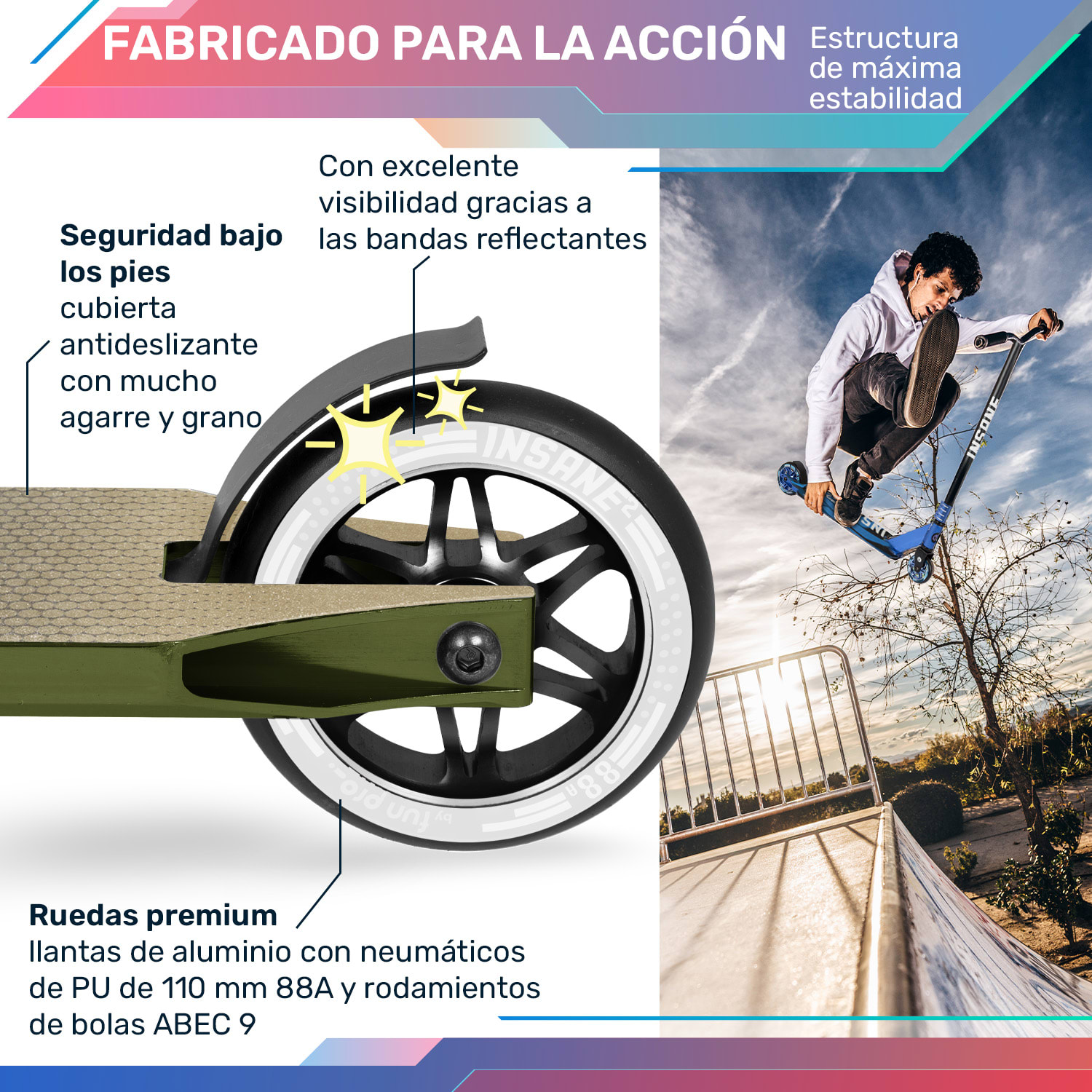 Insane² Patinete de acrobacias Superficie con cinta de agarre 100 kg Rodamiento de bolas ABEC 9 HIC 