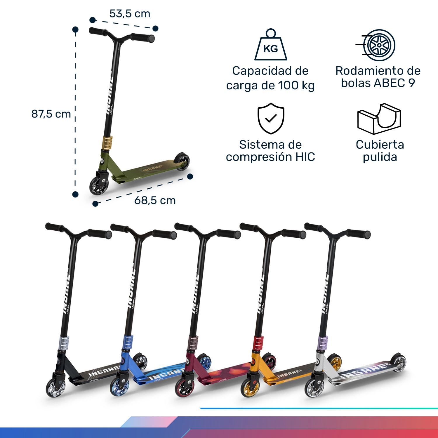 Insane² Patinete de acrobacias Superficie con cinta de agarre 100 kg Rodamiento de bolas ABEC 9 HIC 