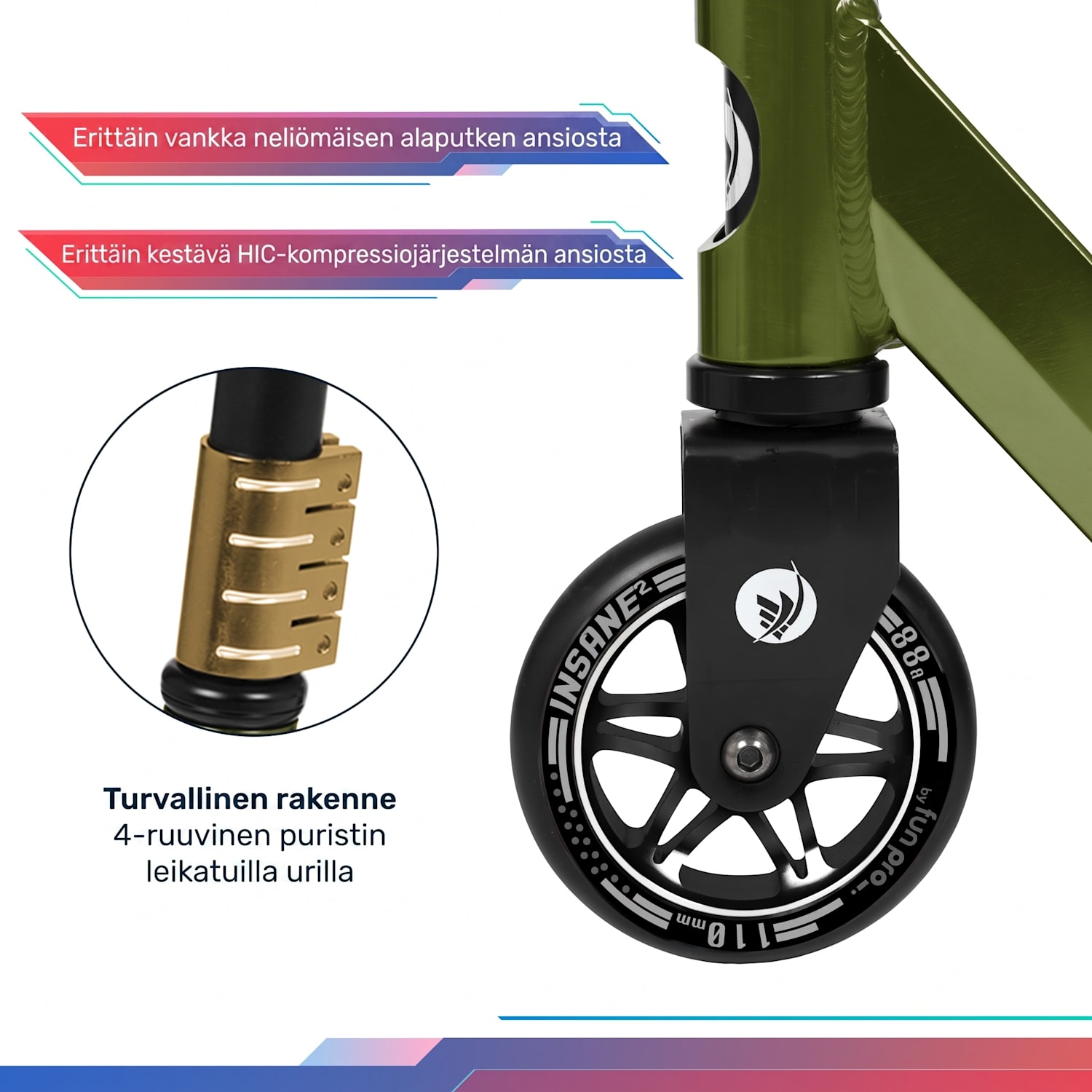Insane²-temppupotkulauta grippiteippi 100 kg ABEC 9 -kuulalaakeri HIC Tumma Sammal