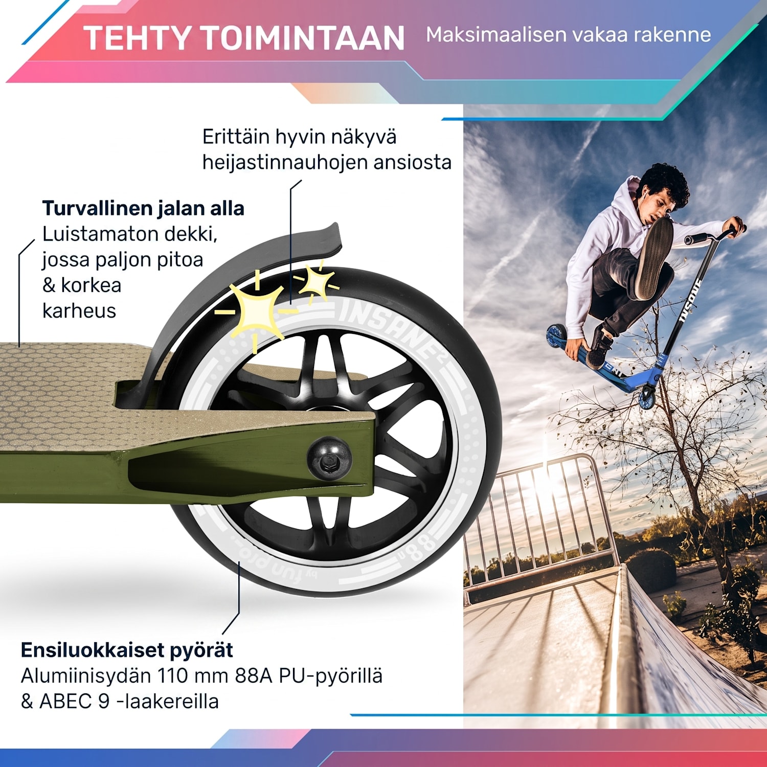 Insane²-temppupotkulauta grippiteippi 100 kg ABEC 9 -kuulalaakeri HIC Tumma Sammal