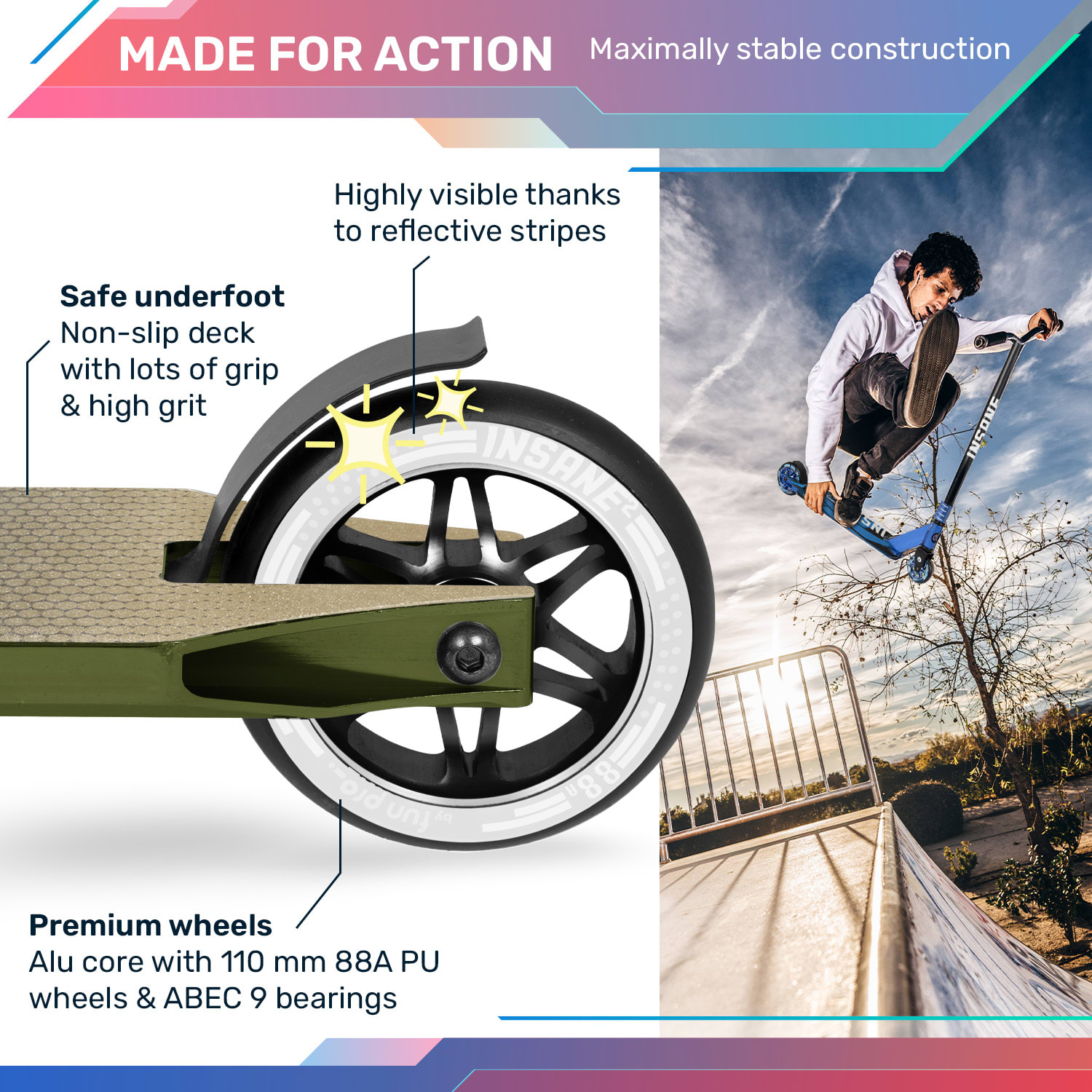 Insane² Stuntroller, kaszkadőr roller, priptape felület, 100 kg-ig, ABEC 9 HIC csapágyak 