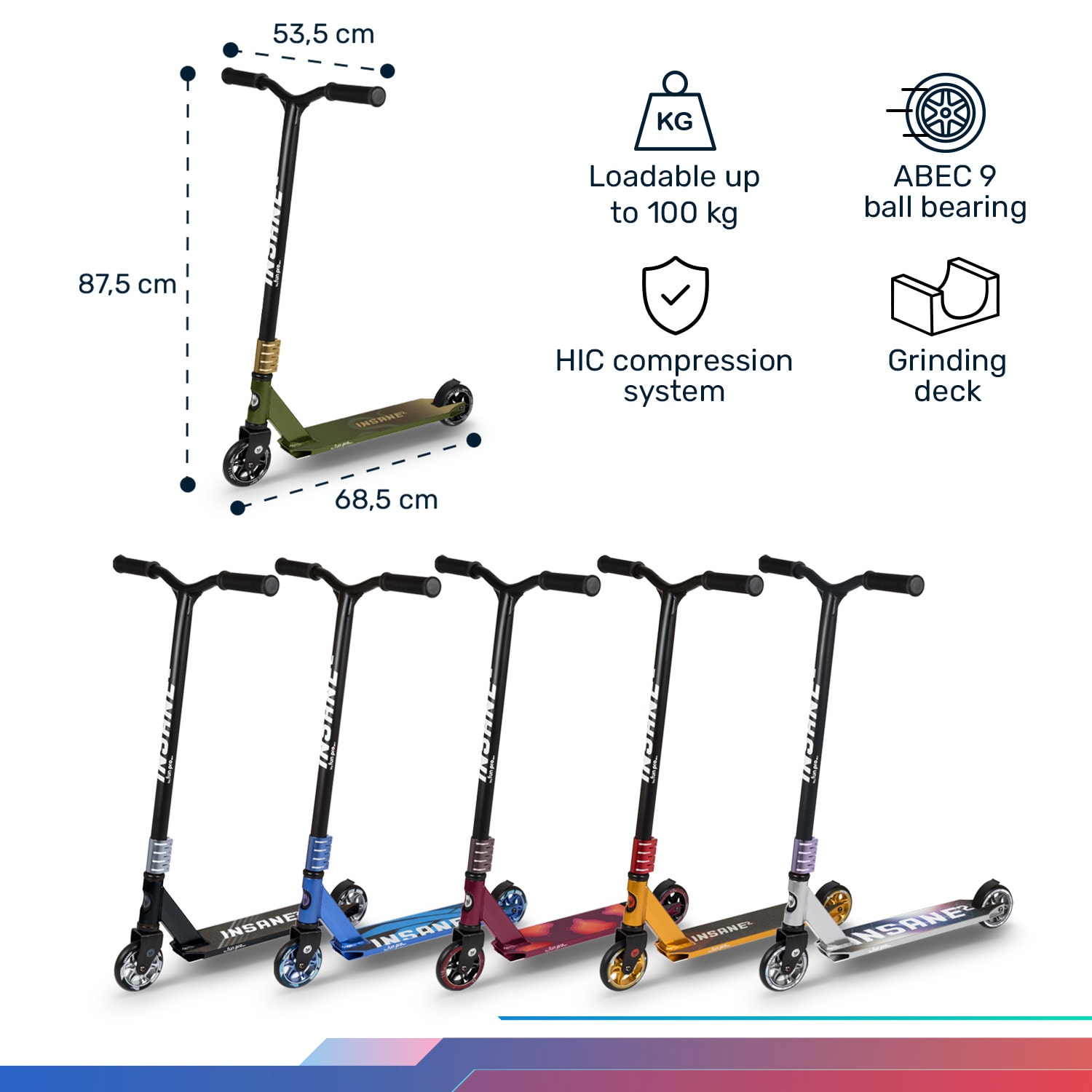 Insane² Stuntroller, kaszkadőr roller, priptape felület, 100 kg-ig, ABEC 9 HIC csapágyak 