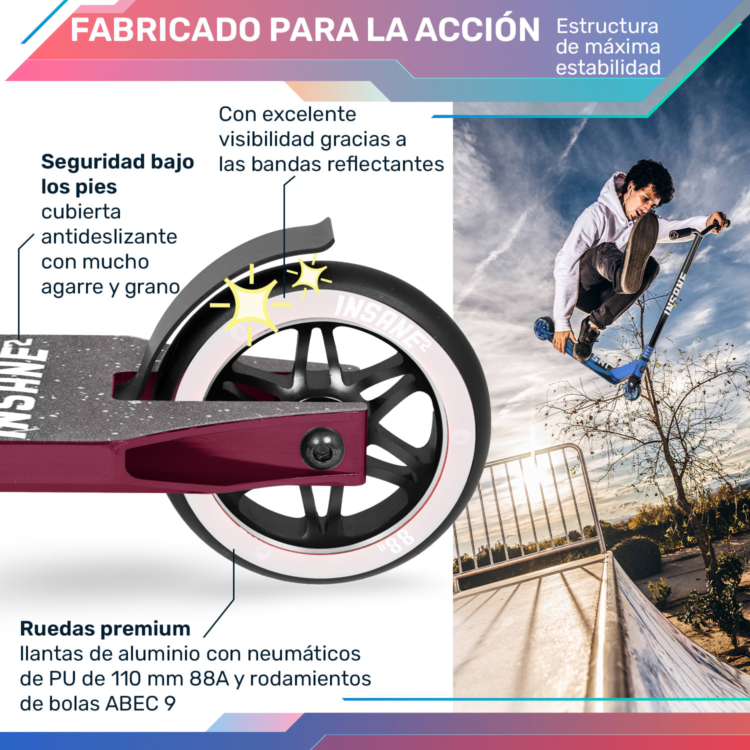 Insane² Patinete de acrobacias Superficie con cinta de agarre 100 kg Rodamiento de bolas ABEC 9 HIC 