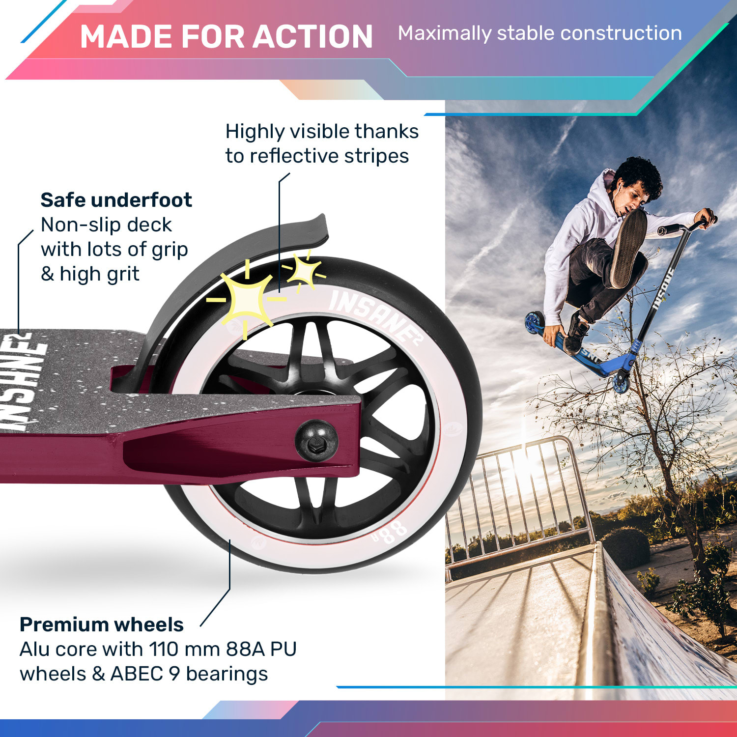 Insane² Stuntroller, kaszkadőr roller, priptape felület, 100 kg-ig, ABEC 9 HIC csapágyak 