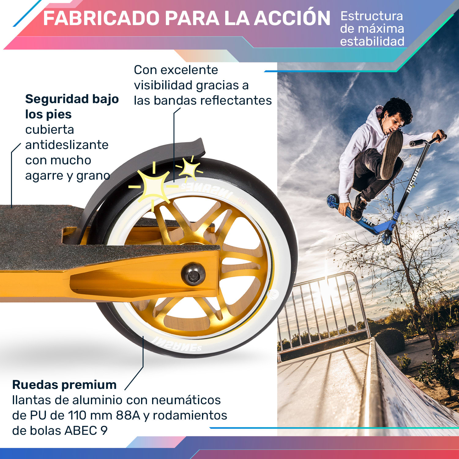 Insane² Patinete de acrobacias Superficie con cinta de agarre 100 kg Rodamiento de bolas ABEC 9 HIC 