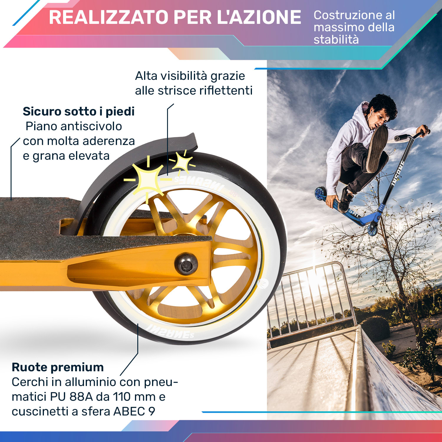 Insane² monopattino Stunt, superficie grip tape, 100 kg, cuscinetti a sfera ABEC 9, HIC 