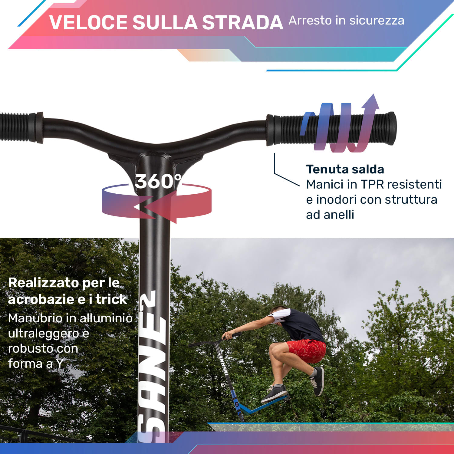 Insane² monopattino Stunt, superficie grip tape, 100 kg, cuscinetti a sfera ABEC 9, HIC 