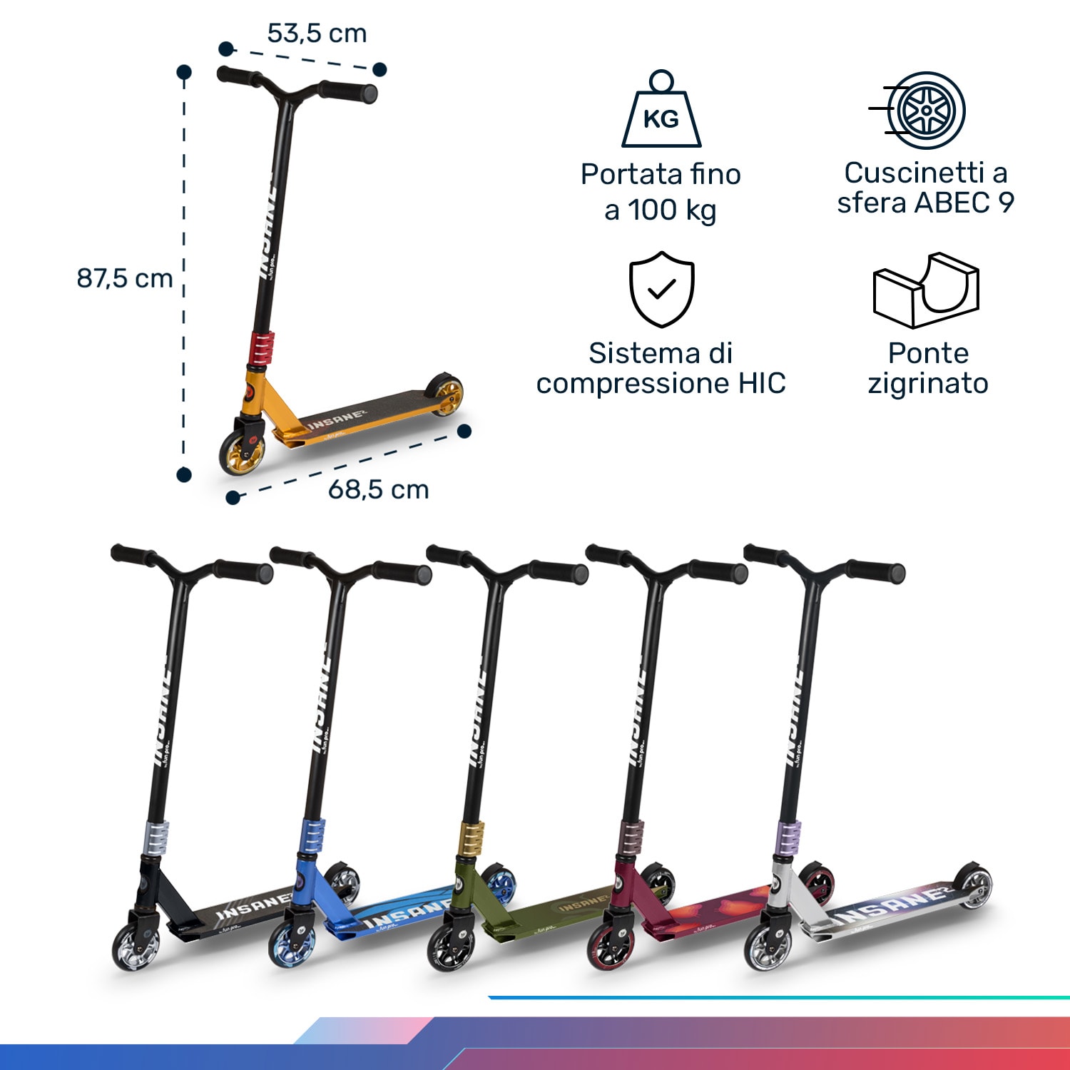 Insane² monopattino Stunt, superficie grip tape, 100 kg, cuscinetti a sfera ABEC 9, HIC 