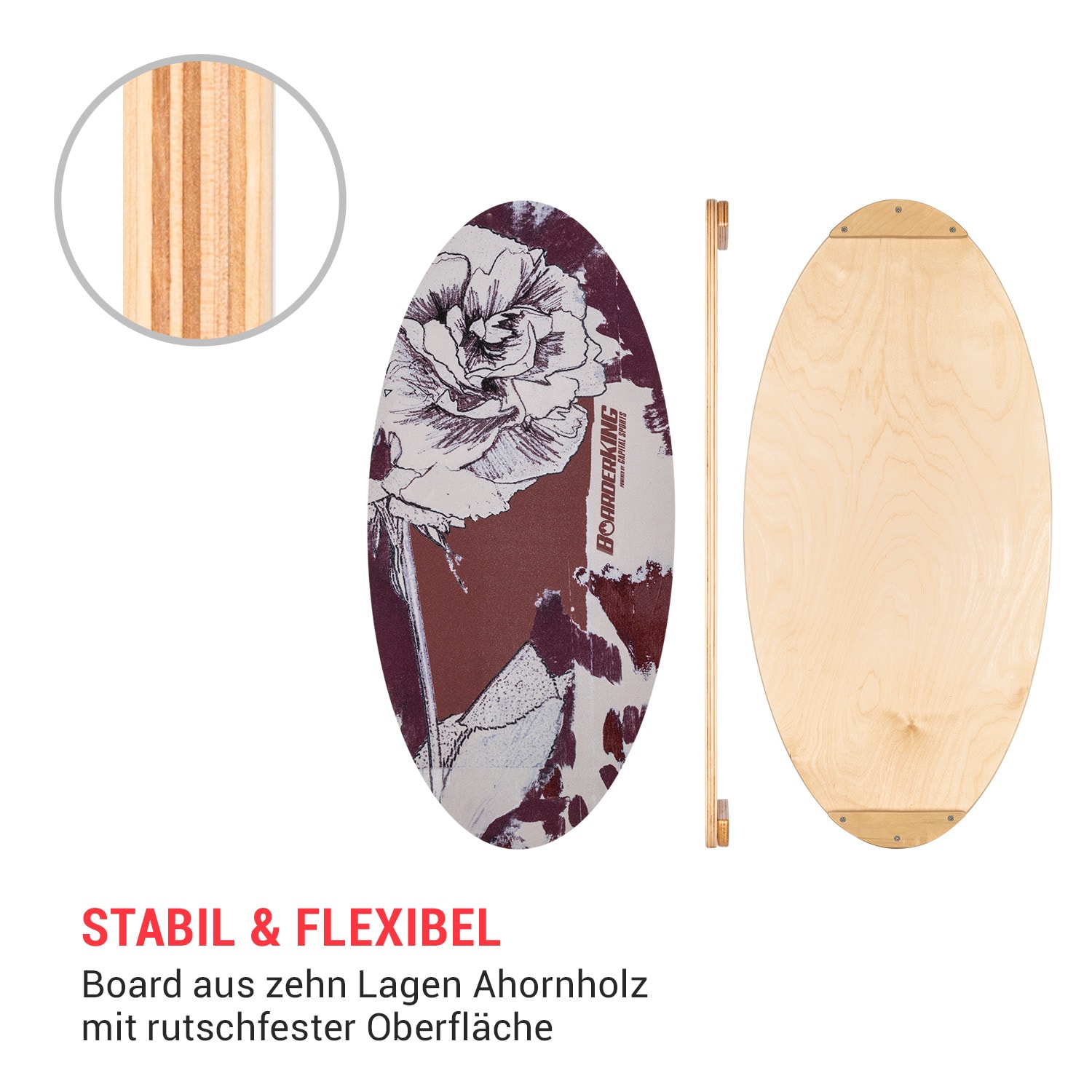 Indoorboard Allrounder Balance Board + Matte + Rolle Holz / Kork Floral