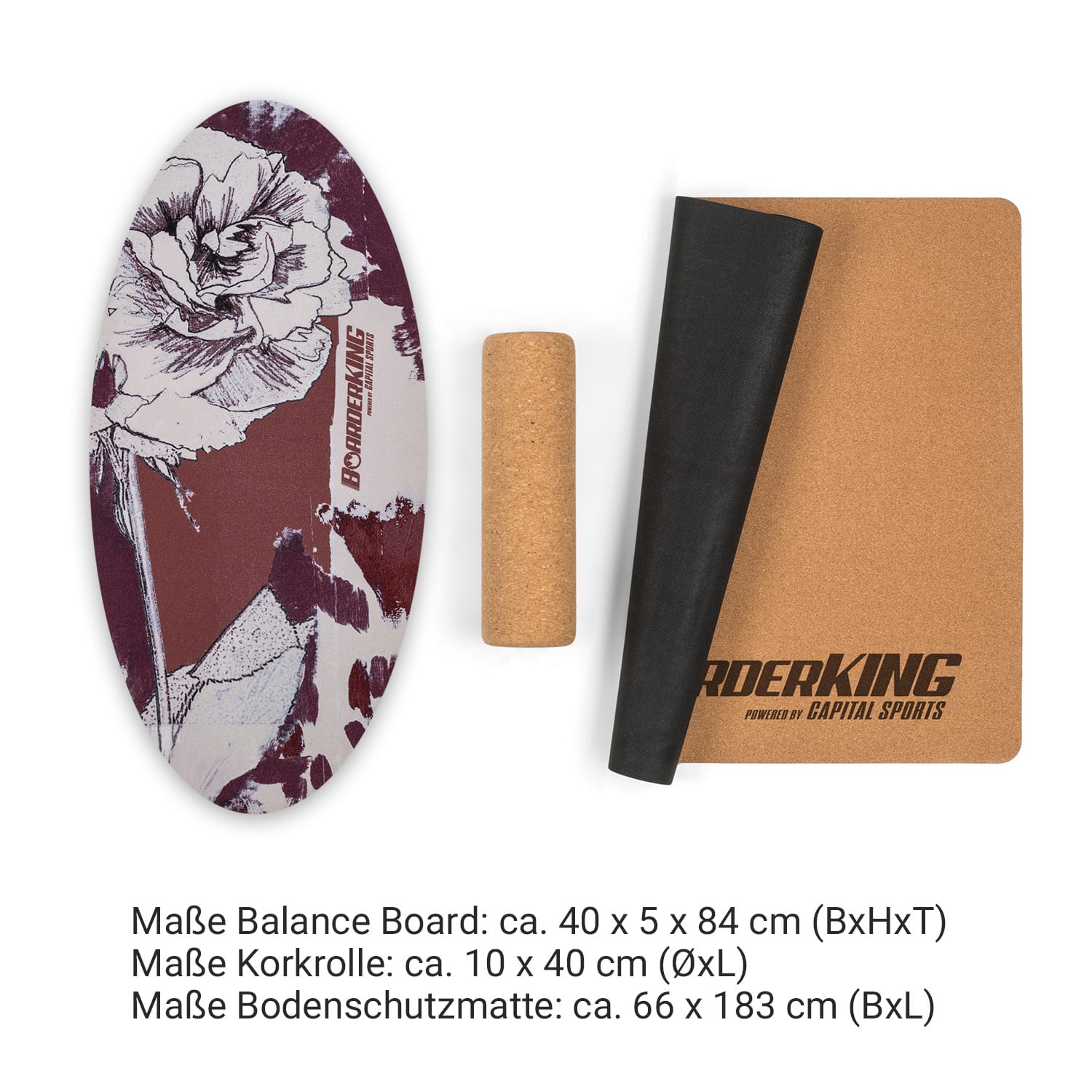 Indoorboard Allrounder Balance Board + Matte + Rolle Holz / Kork Floral