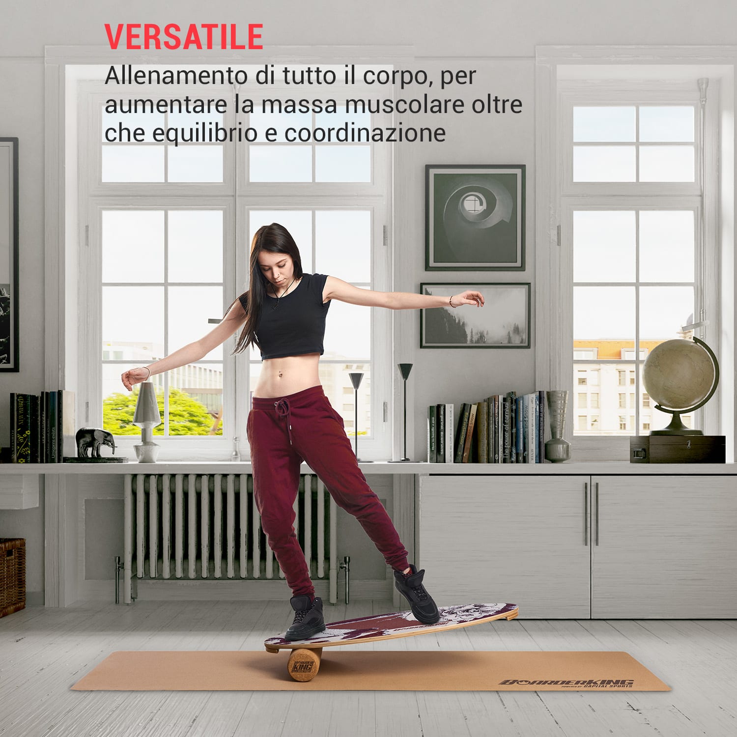 Indoorboard Allrounder, Balance Board + Tappetino + Rullo, Legno/Sughero Floral