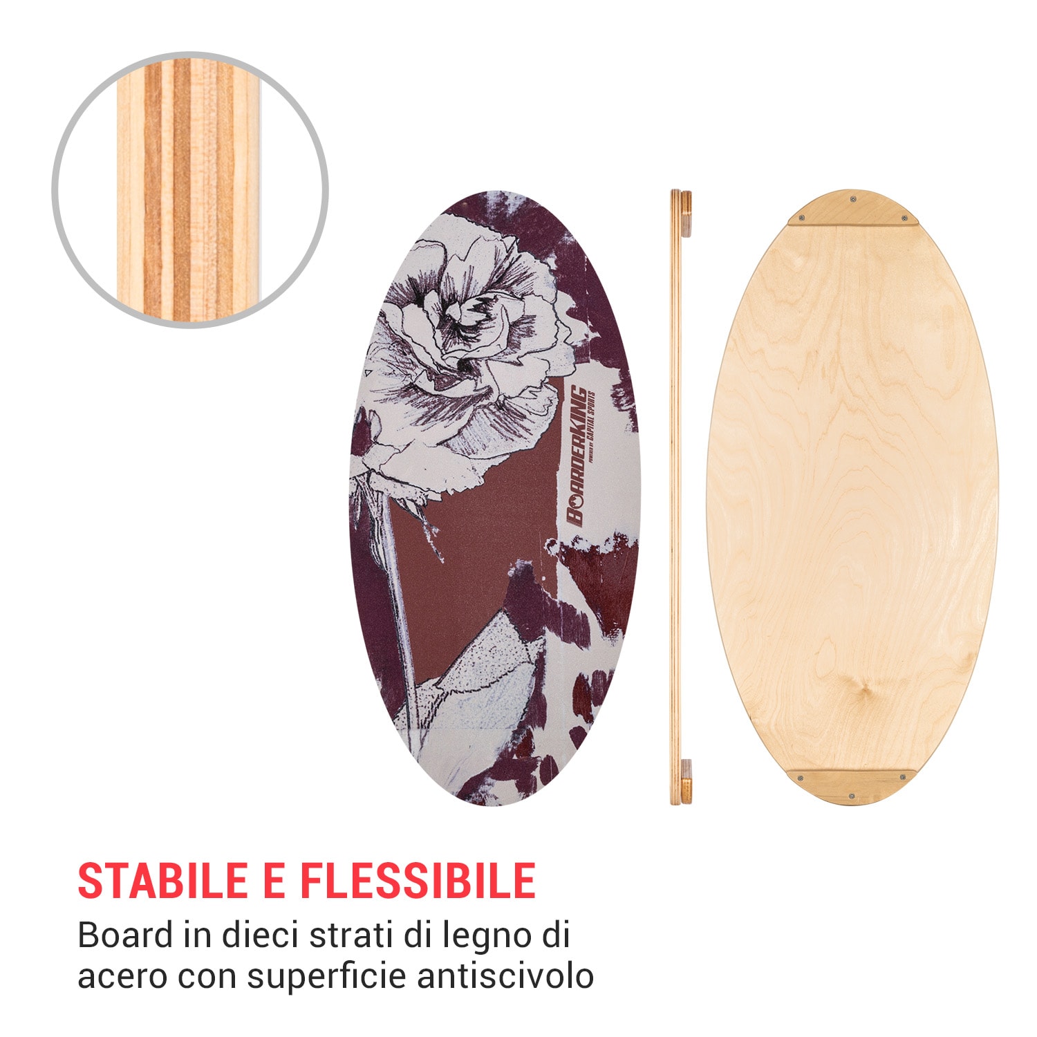Indoorboard Allrounder, Balance Board + Tappetino + Rullo, Legno/Sughero Floral