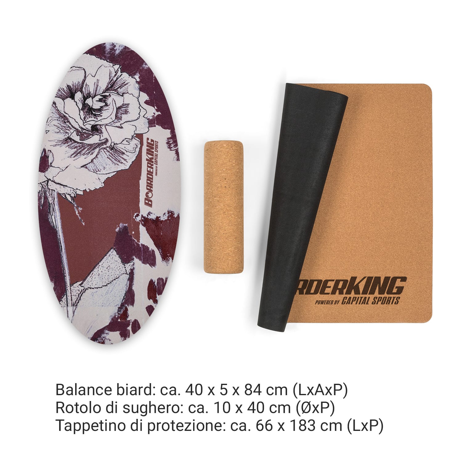 Indoorboard Allrounder, Balance Board + Tappetino + Rullo, Legno/Sughero Floral