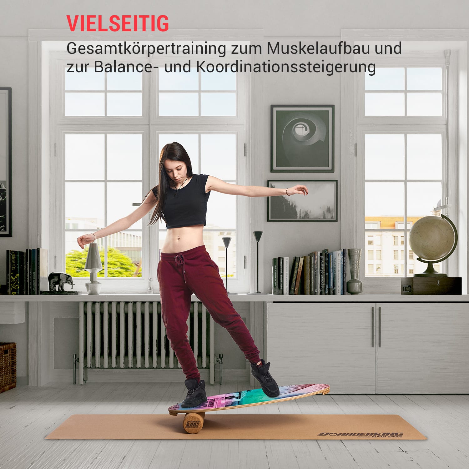 Indoorboard Allrounder Balance Board + Matte + Rolle Holz / Kork Tropical